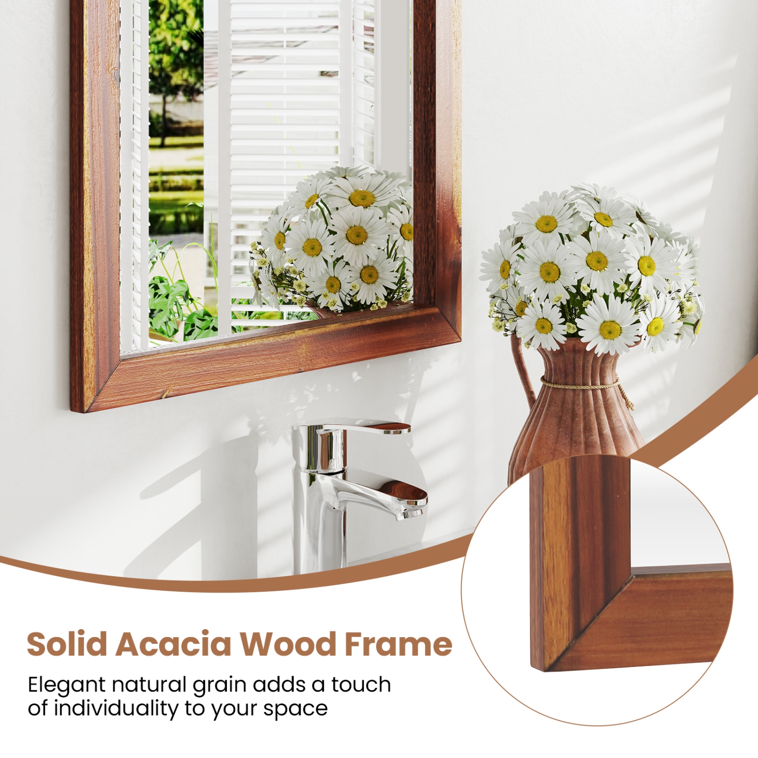 Gymax 24'' x 35'' Rustic Wall Mounted Decorative Mirror w/Solid Acacia Wood Frame