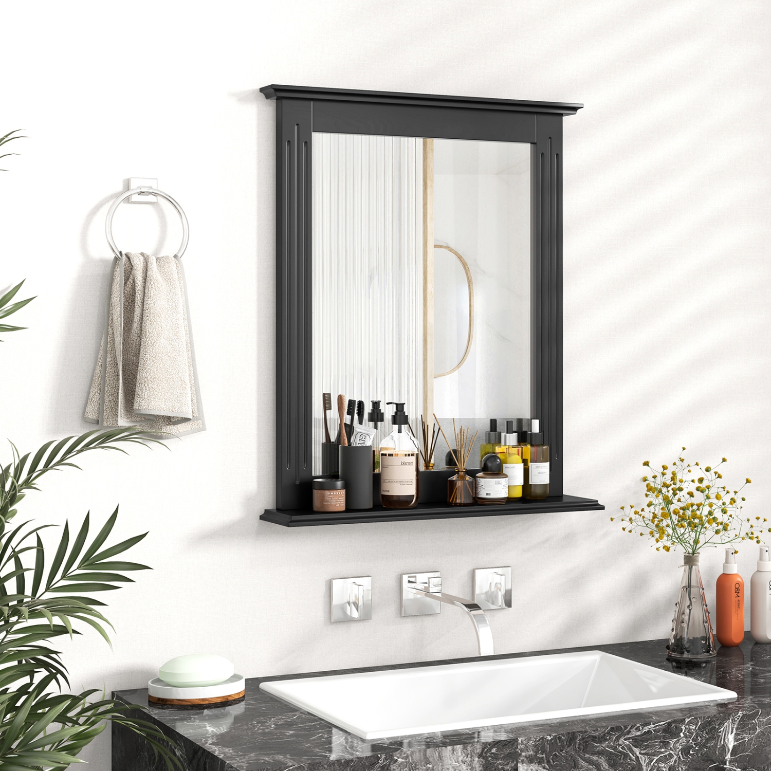 Gymax Bathroom Wall-Mounted Mirror w/ Shelf Vanity Makeup Mirror Multipurpose White