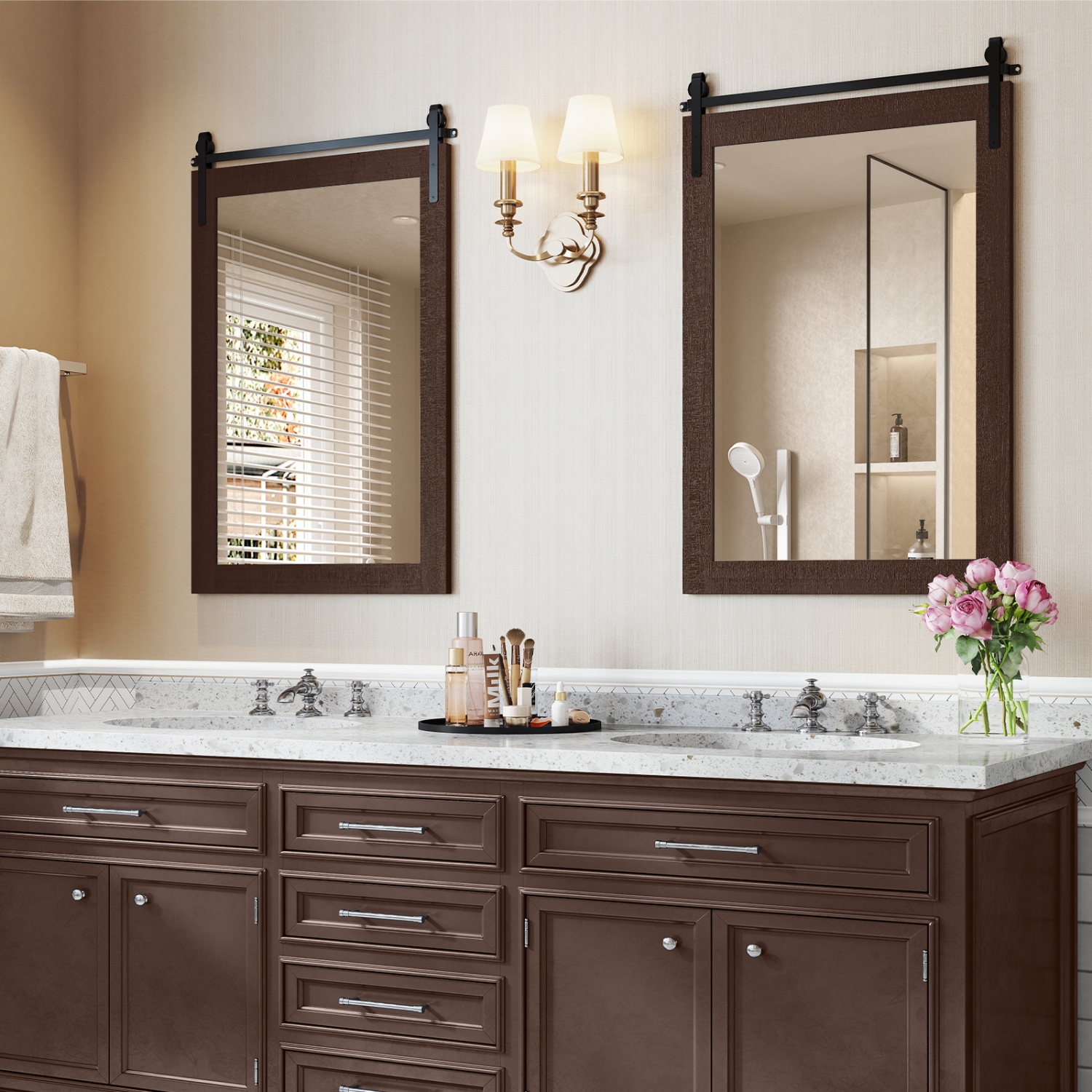 Gymax Farmhouse Wall Mirror Rustic Wood Frame Barn Door Style Decorative Mirror