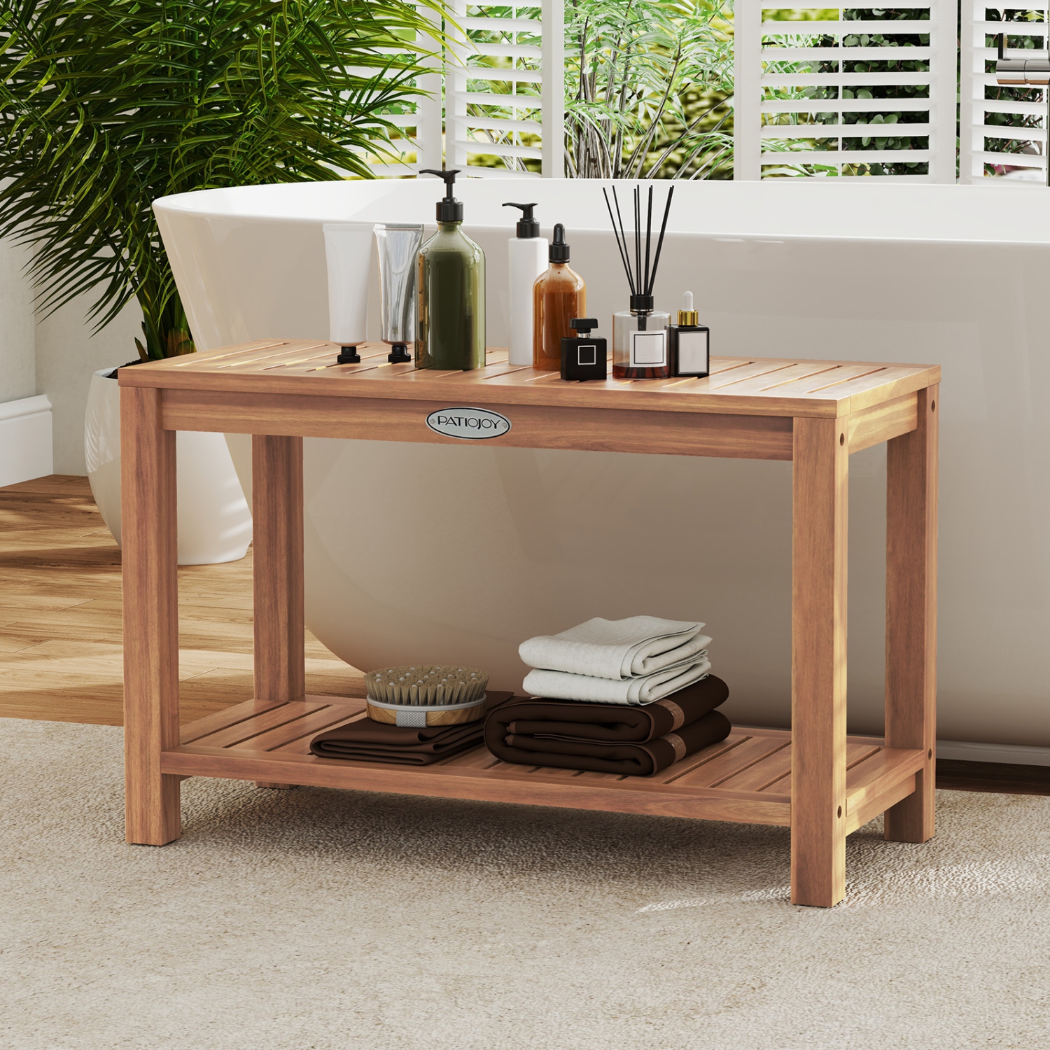 Gymax 30 Inch Teak Wood Shower Bench Inside Shower Stool w/ Storage Shelf for Adults