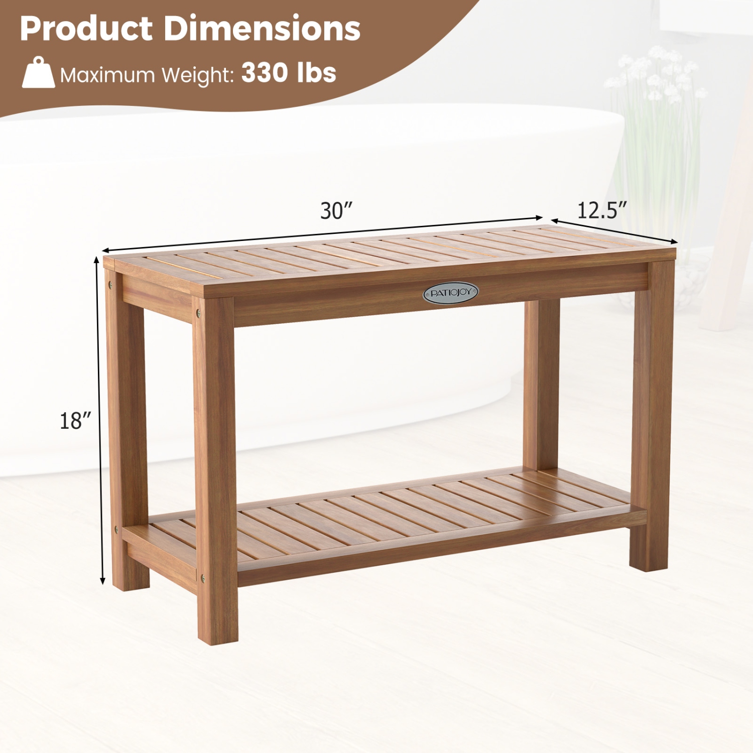 Gymax 30 Inch Teak Wood Shower Bench Inside Shower Stool w/ Storage Shelf for Adults
