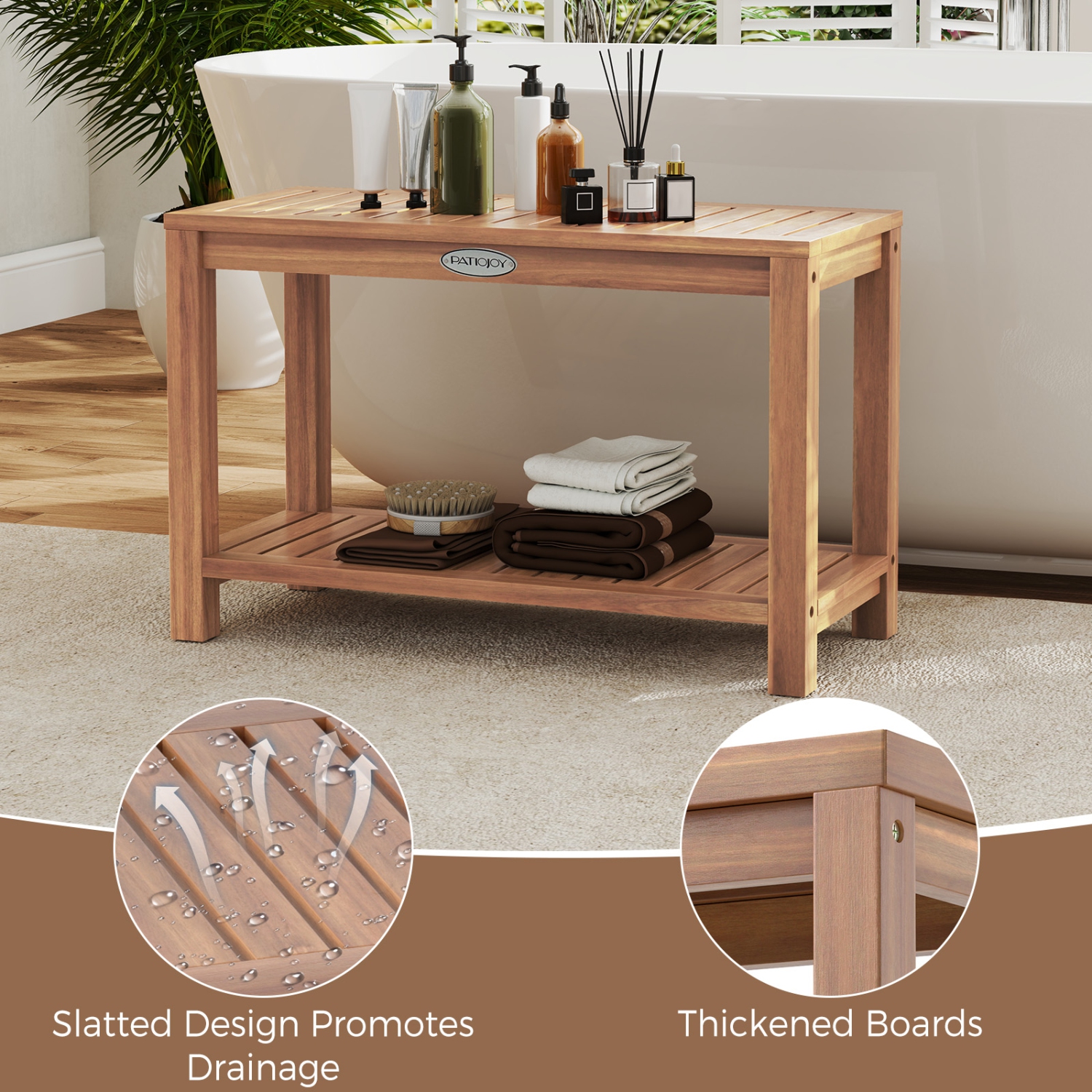 Gymax 30 Inch Teak Wood Shower Bench Inside Shower Stool w/ Storage Shelf for Adults