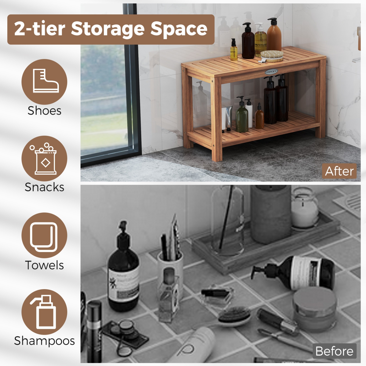 Gymax 30 Inch Teak Wood Shower Bench Inside Shower Stool w/ Storage Shelf for Adults