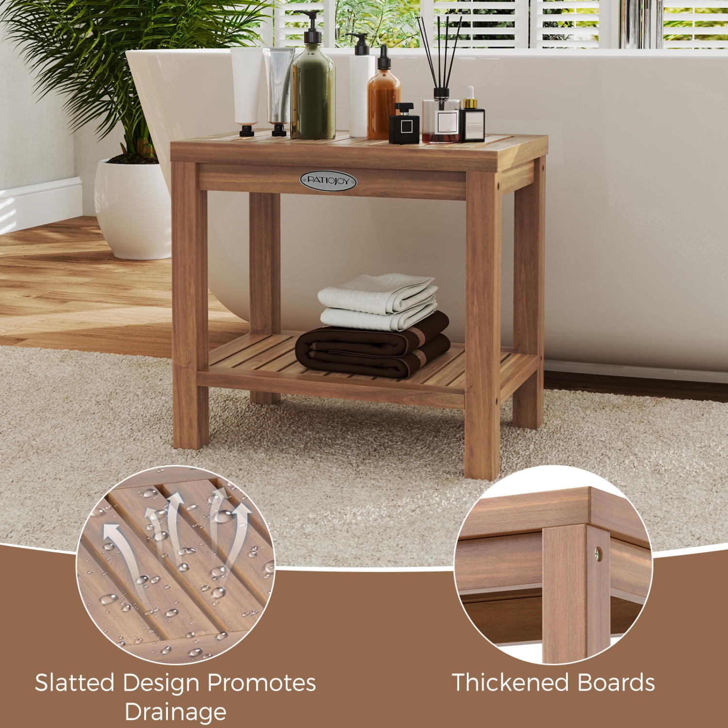 Gymax 19 Inch Teak Wood Shower Bench Inside Shower Stool w/ Storage Shelf for Adults