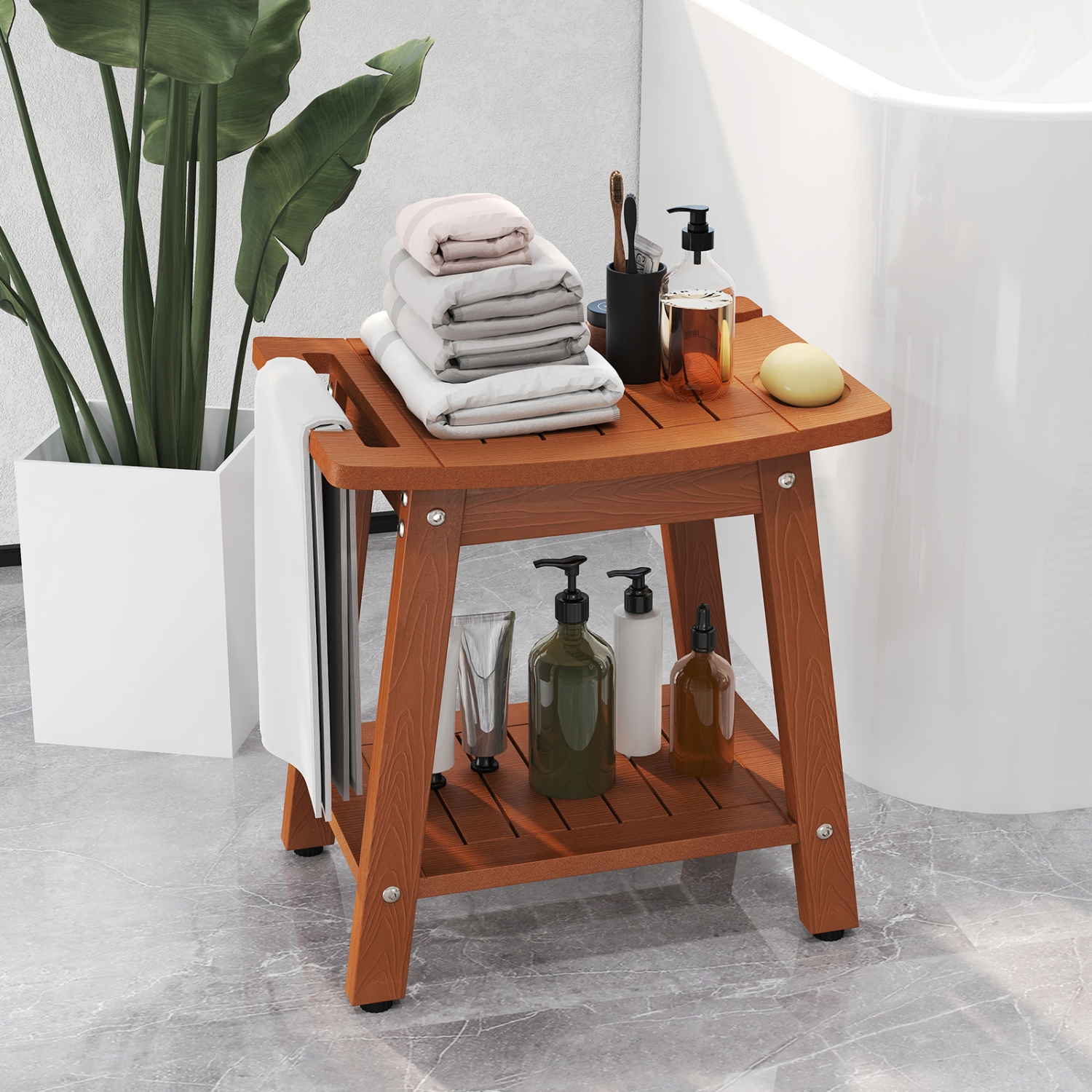 Gymax Shower Bench Seat HIPS Shower Stool w/Handle Shower Head & Soap Holder