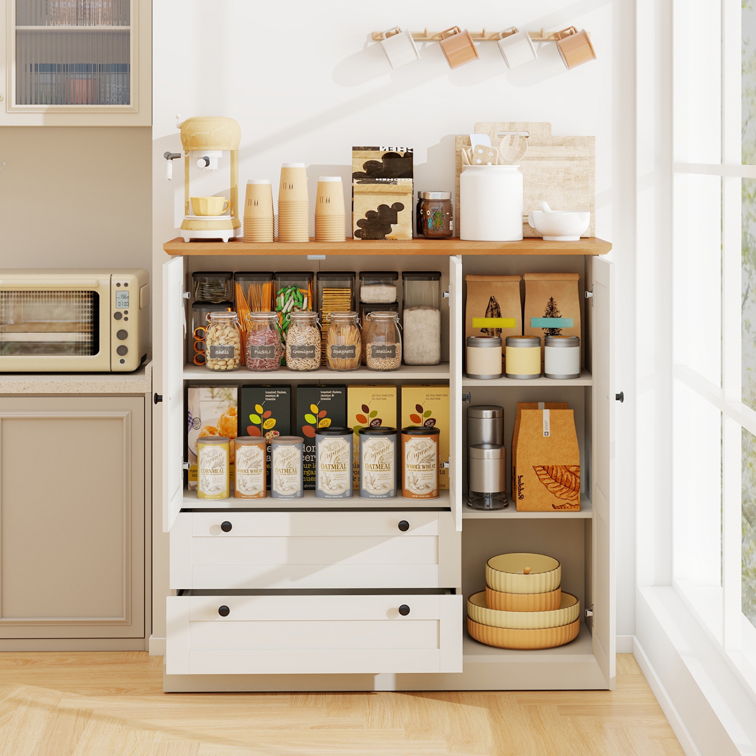 Gymax Sideboard Buffet Cabinet Kitchen Pantry Hutch Storage Cabinet Farmhouse Credenza