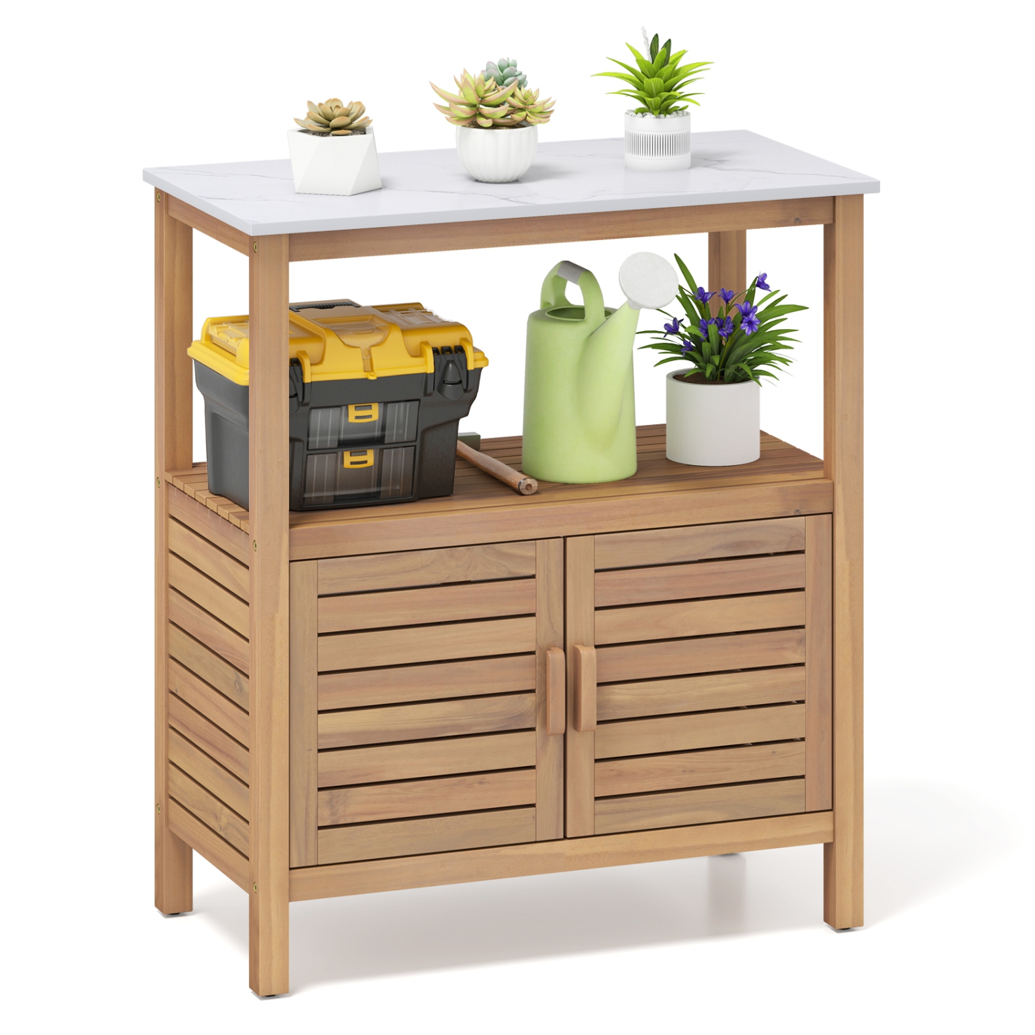 Gymax Outdoor Potting Bench w/ Resin Tabletop Storage Shelf & Cabinet Louvered Doors