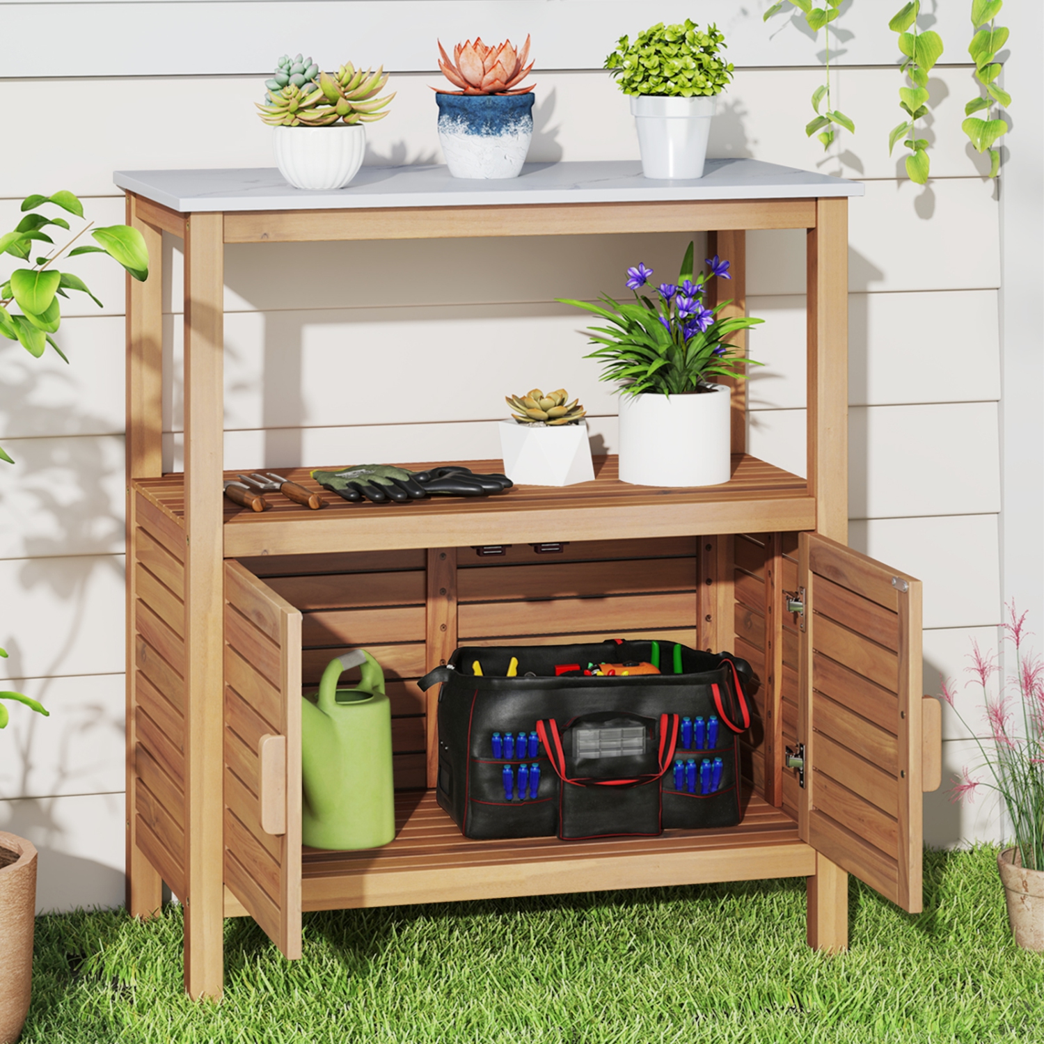 Gymax Outdoor Potting Bench w/ Resin Tabletop Storage Shelf & Cabinet Louvered Doors