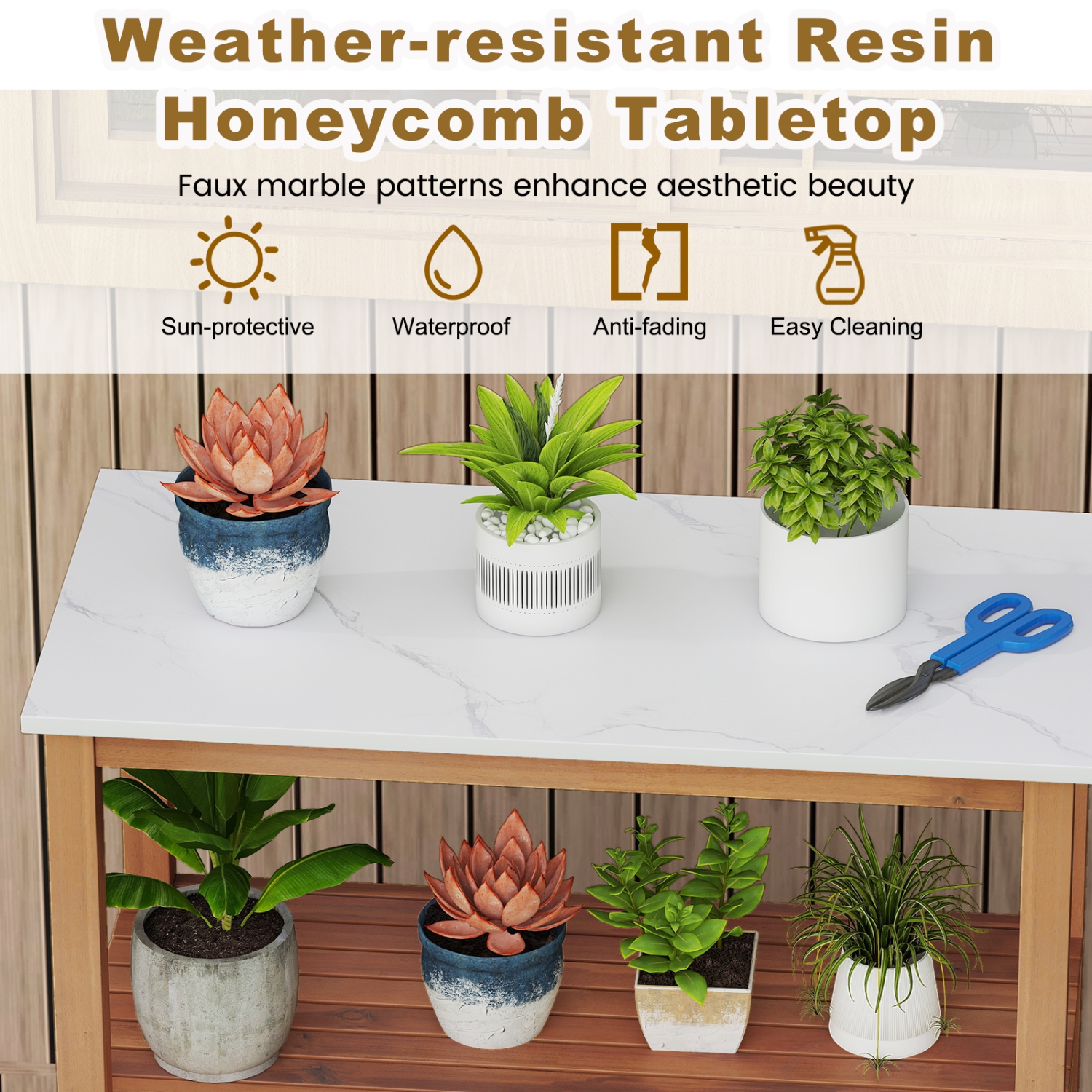 Gymax Outdoor Potting Bench w/ Resin Tabletop Storage Shelf & Cabinet Louvered Doors