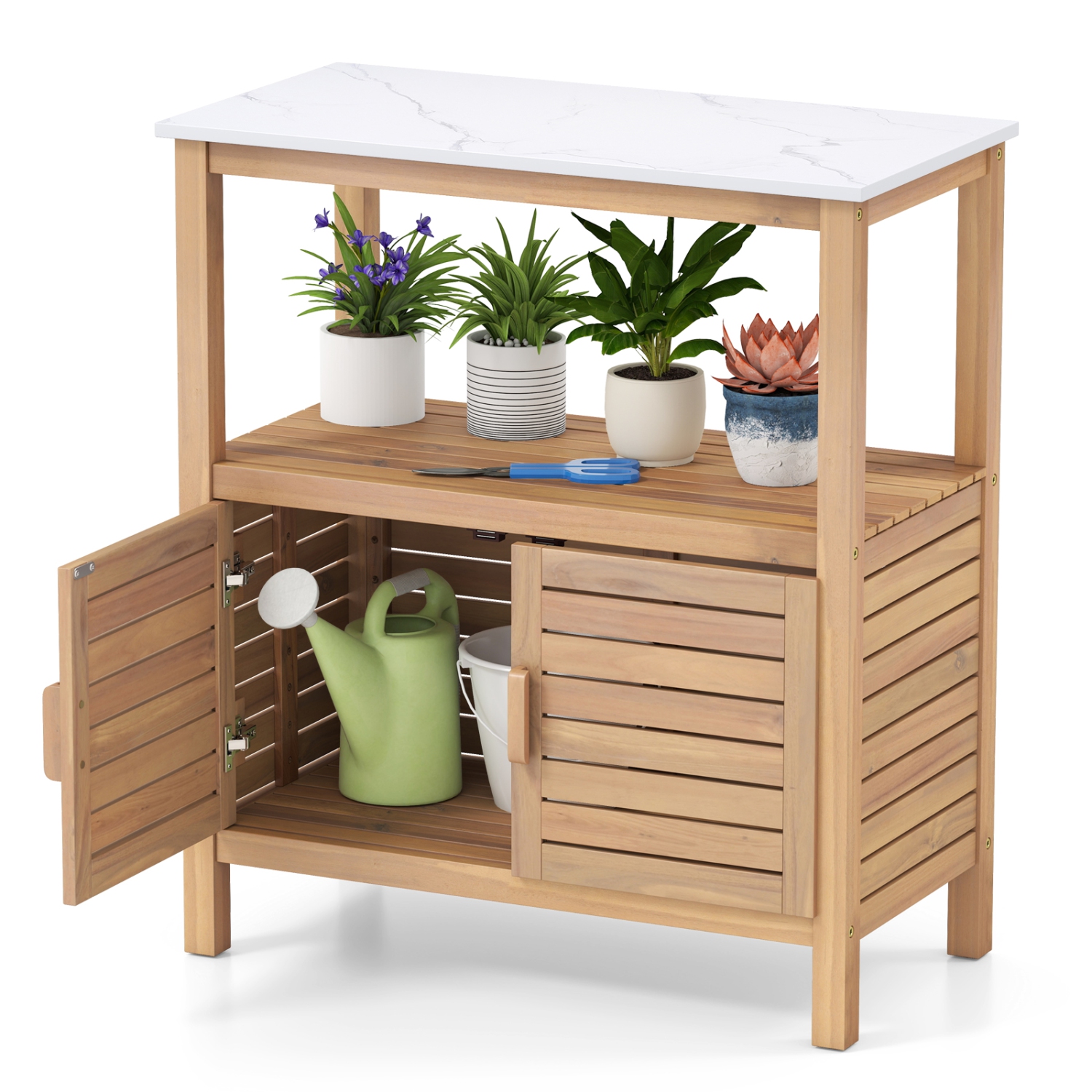 Gymax Outdoor Potting Bench w/ Resin Tabletop Storage Shelf & Cabinet Louvered Doors