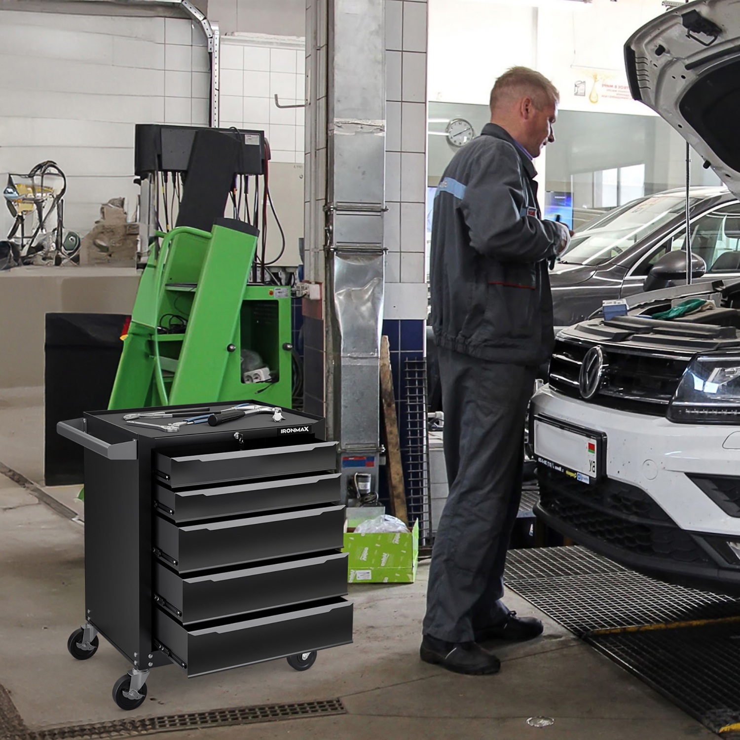 Gymax Rolling Steel Tool Chest 5-Drawer Tool Storage Cabinet Central Keyed Locking System