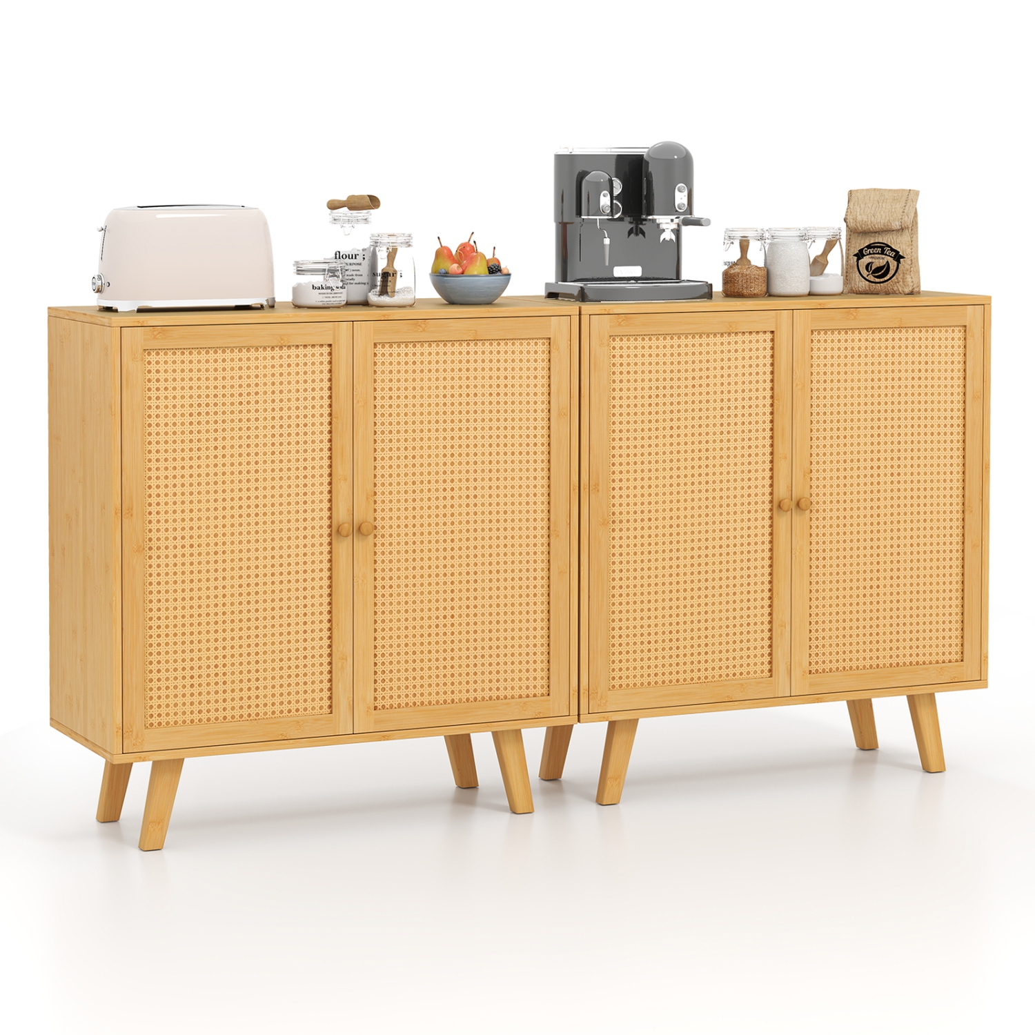 Gymax 2PCS Bamboo Buffet Cabinet w/ PE Rattan Doors Freestanding Kitchen Cupboard Natural