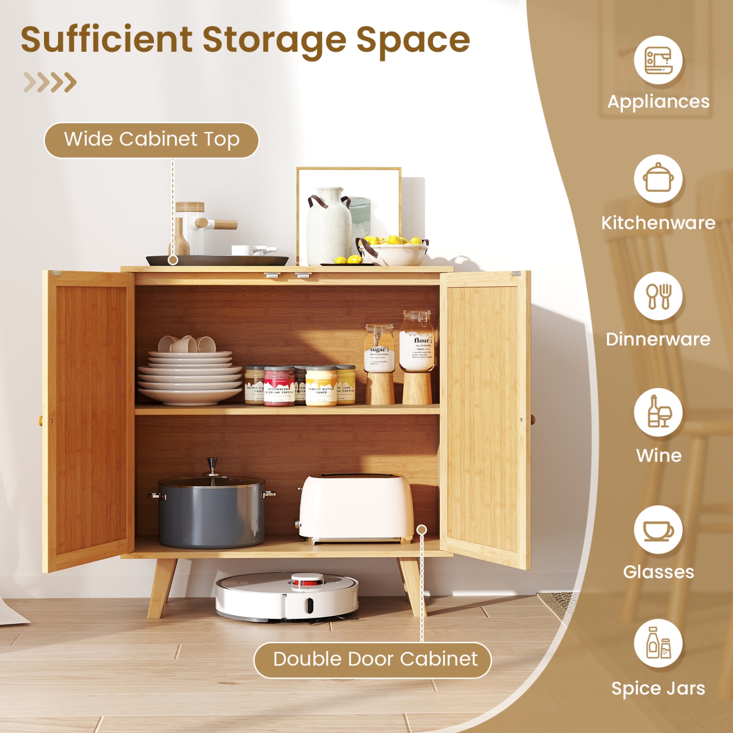 Gymax 2PCS Bamboo Buffet Cabinet w/ PE Rattan Doors Freestanding Kitchen Cupboard Natural