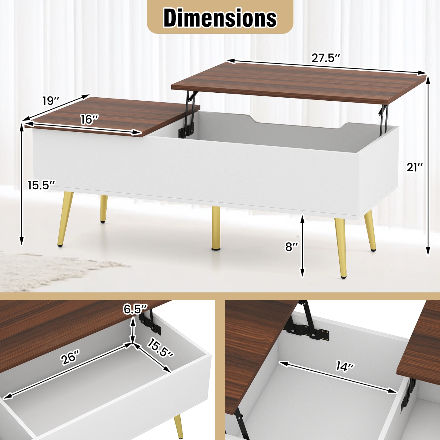 Gymax Lift Top Coffee Table w/ Split Top & 2 Hidden Compartments Tapered Metal Legs