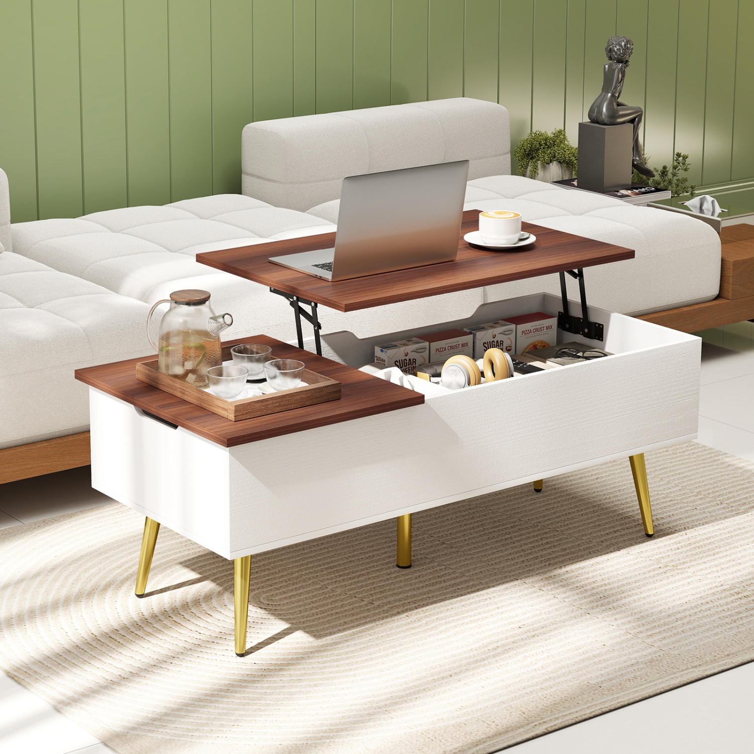 Gymax Lift Top Coffee Table w/ Split Top & 2 Hidden Compartments Tapered Metal Legs