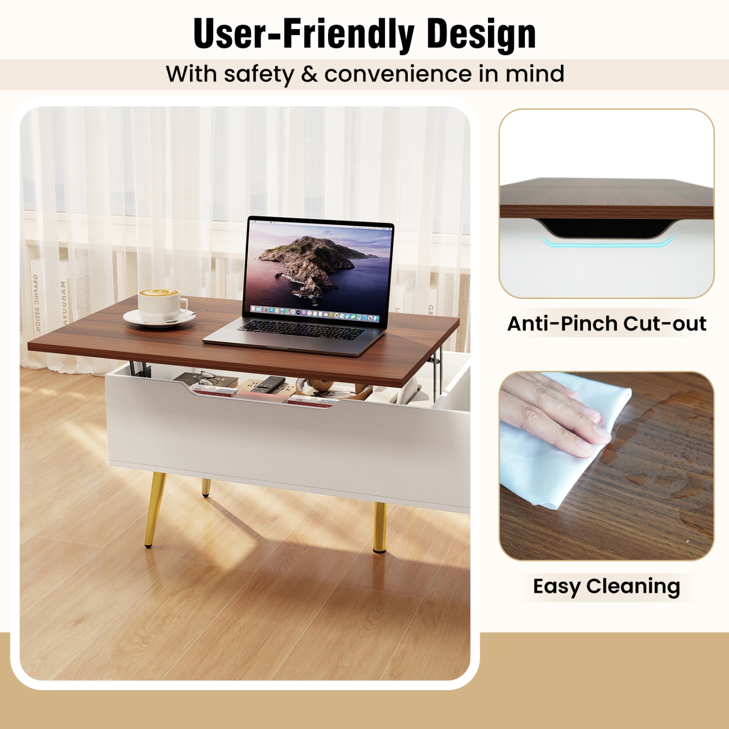 Gymax Lift Top Coffee Table w/ Split Top & 2 Hidden Compartments Tapered Metal Legs