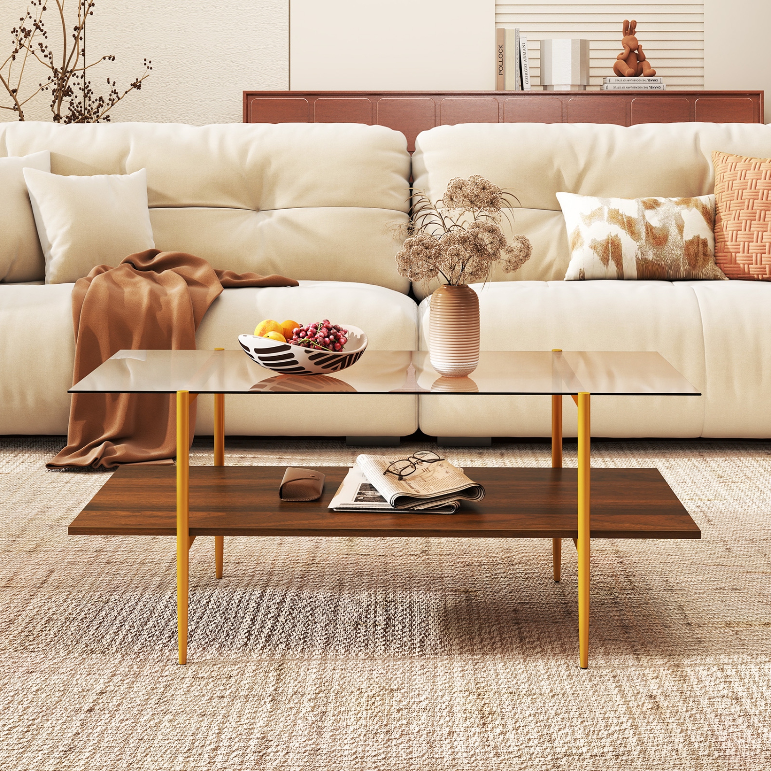 Gymax 2-Tier Glass Coffee Table w/ Tampered Glass Tabletop & Open Storage Shelf