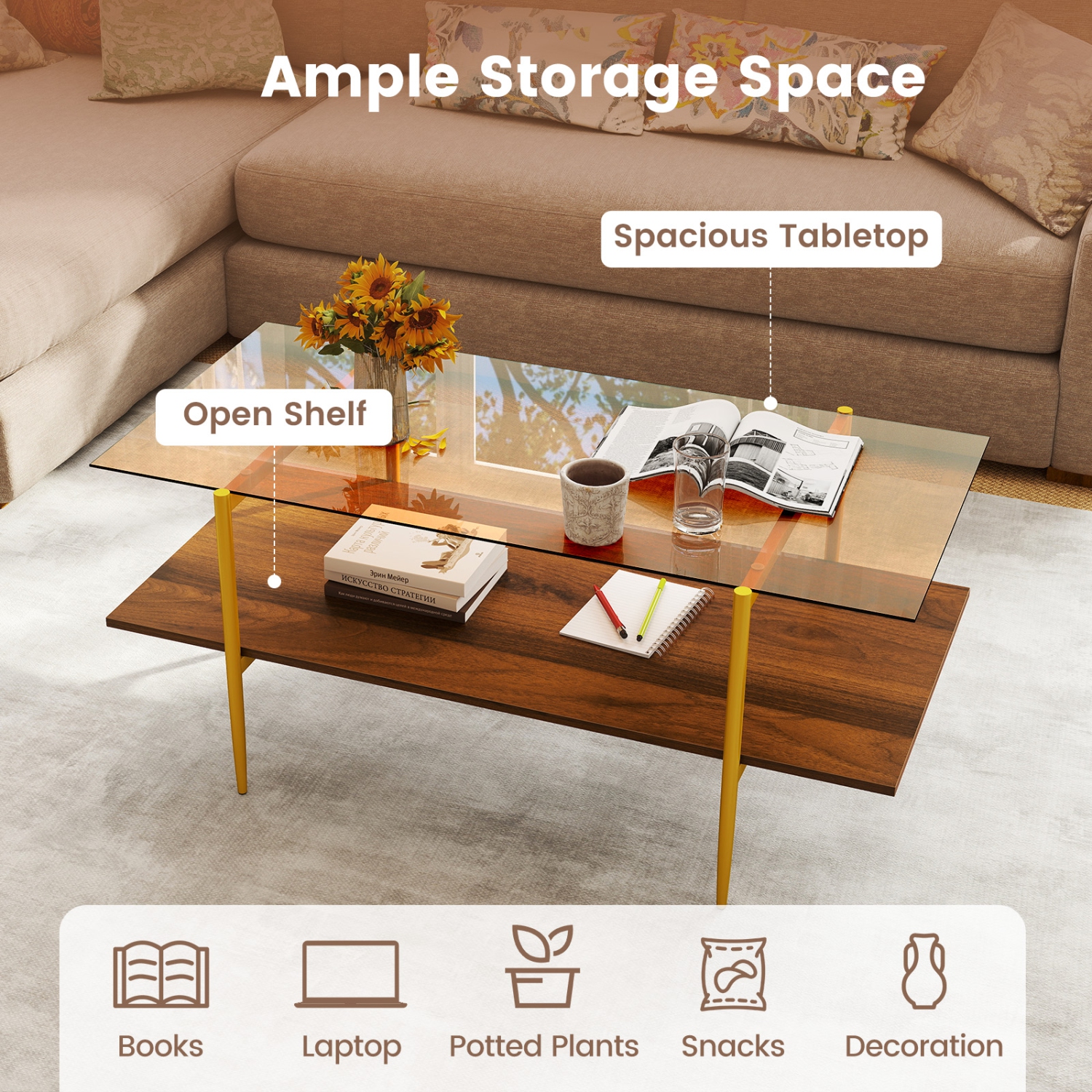 Gymax 2-Tier Glass Coffee Table w/ Tampered Glass Tabletop & Open Storage Shelf