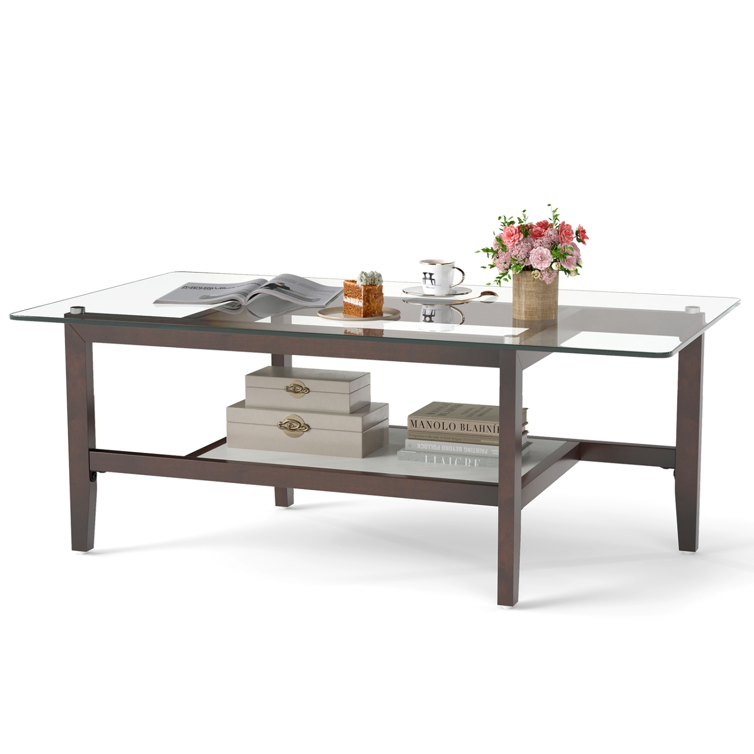 Gymax 2-Tier Glass Coffee Table w/ Storage Shelf Solid Rubber Wood Legs for Office