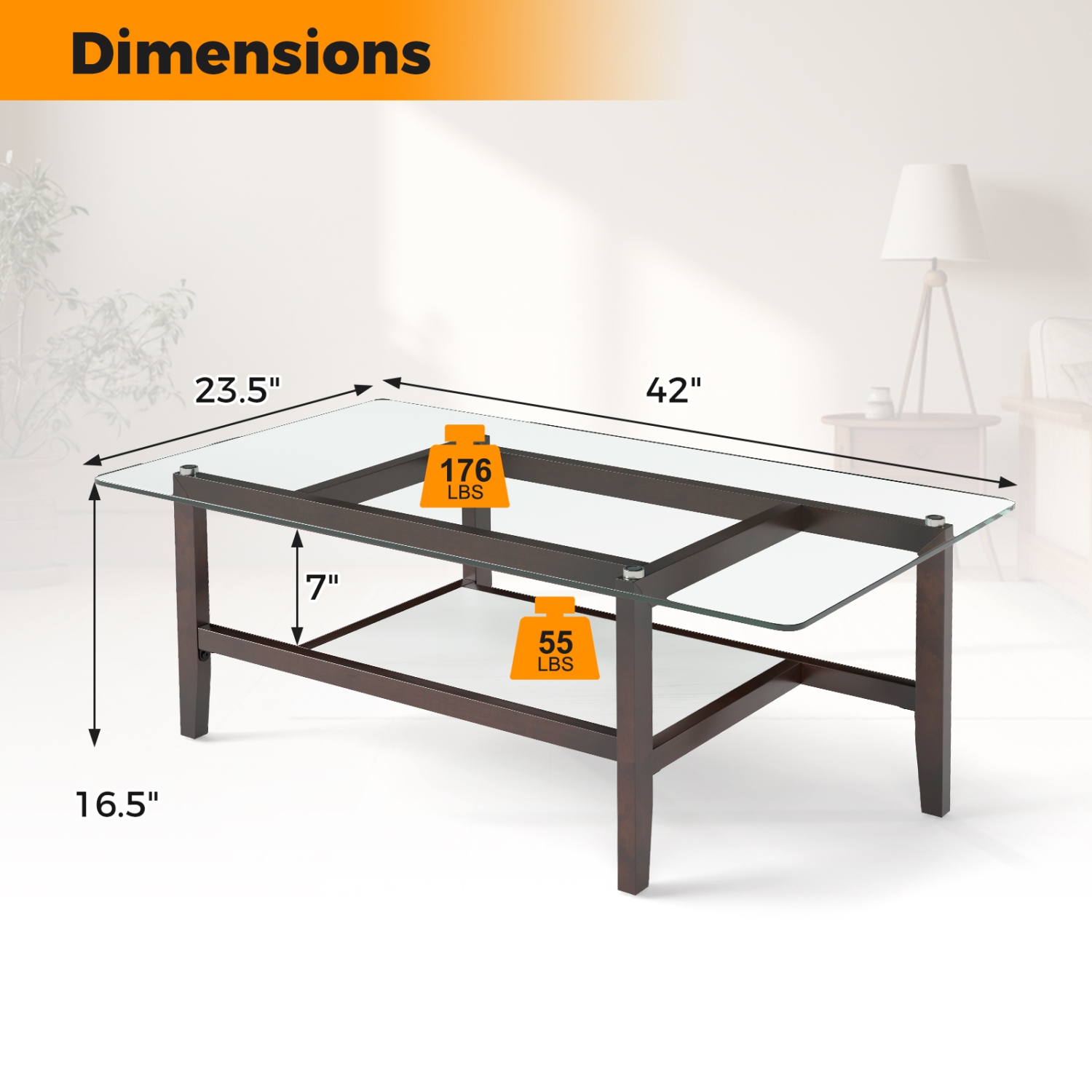 Gymax 2-Tier Glass Coffee Table w/ Storage Shelf Solid Rubber Wood Legs for Office