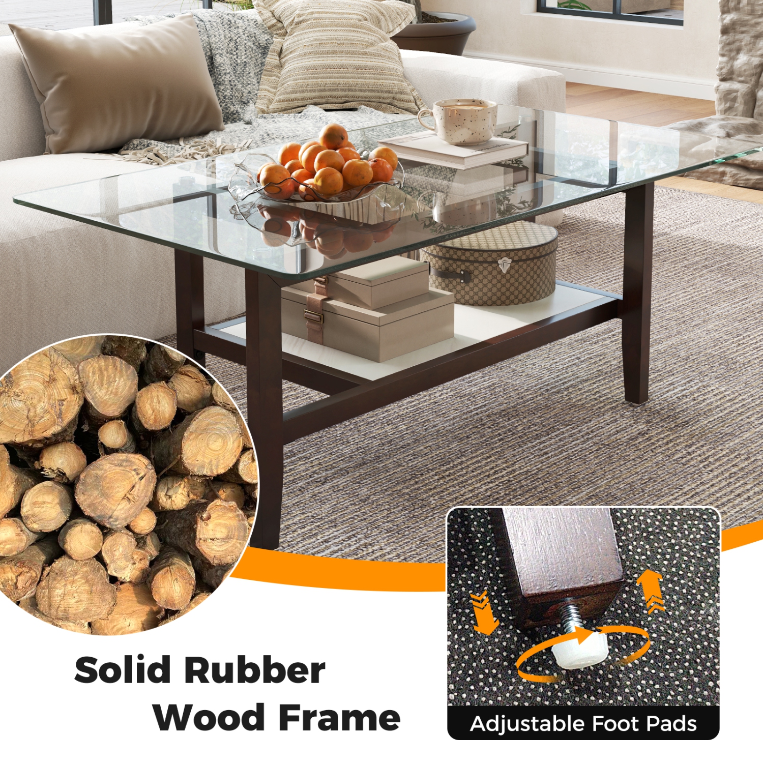 Gymax 2-Tier Glass Coffee Table w/ Storage Shelf Solid Rubber Wood Legs for Office