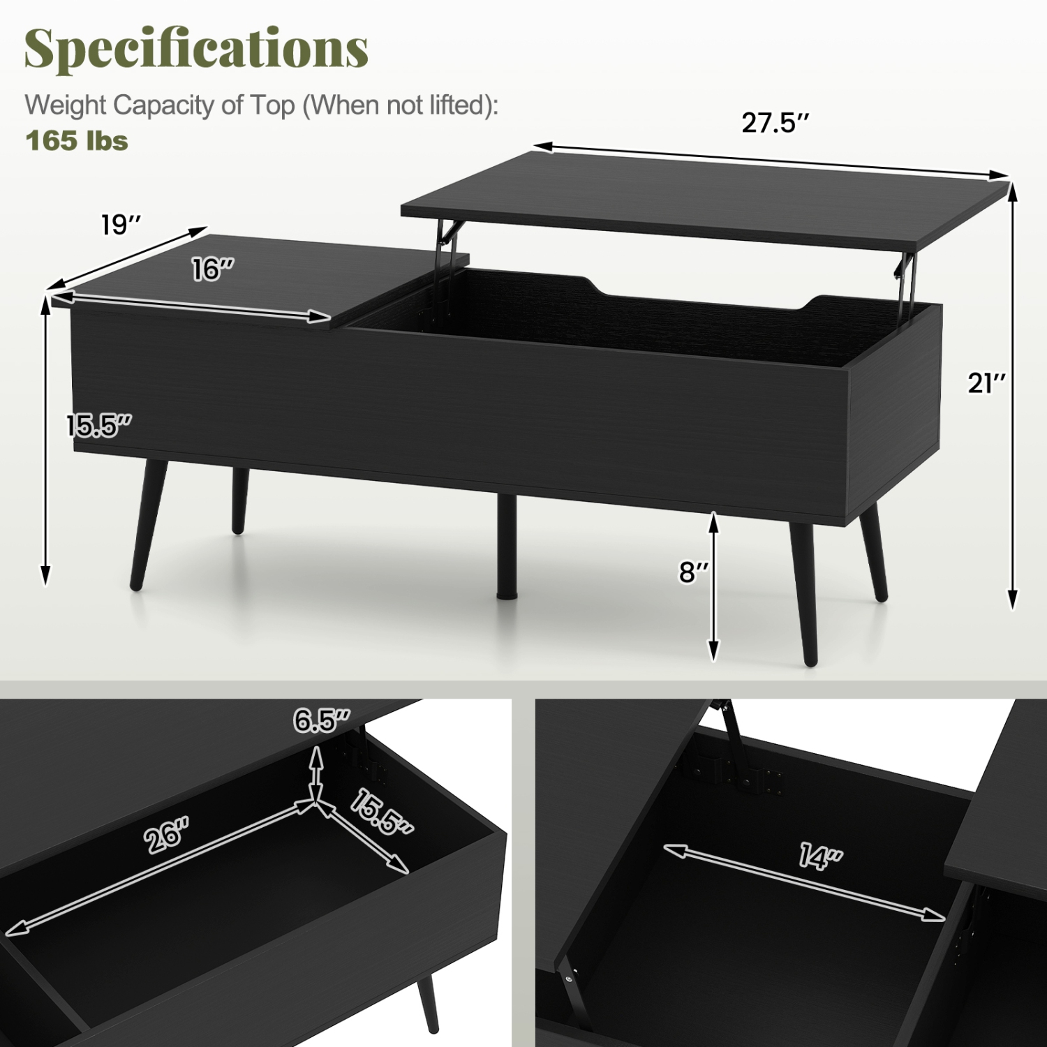 Gymax Lift Top Coffee Table w/ Split Top & 2 Hidden Compartments Tapered Metal Legs