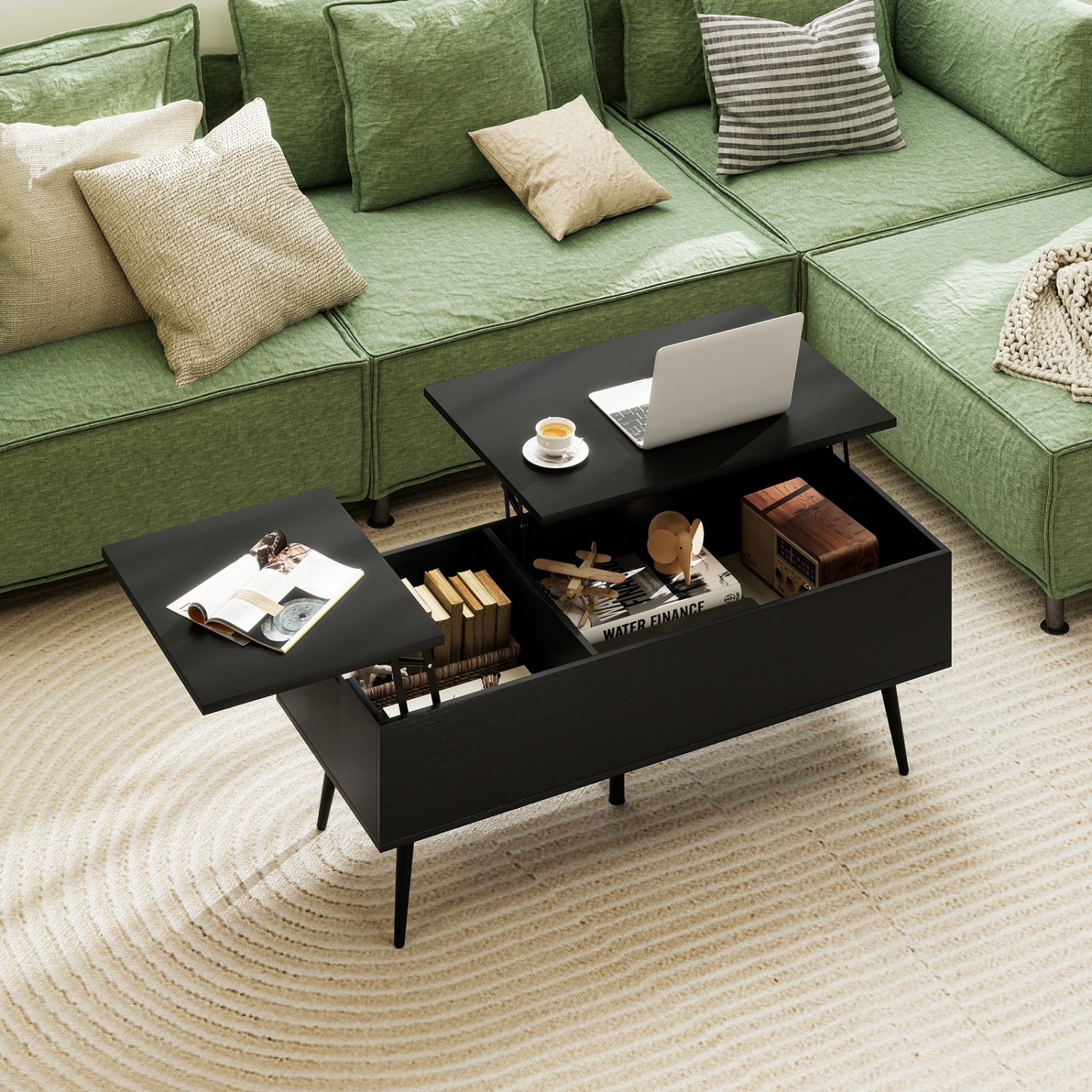 Gymax Lift Top Coffee Table w/ Split Top & 2 Hidden Compartments Tapered Metal Legs