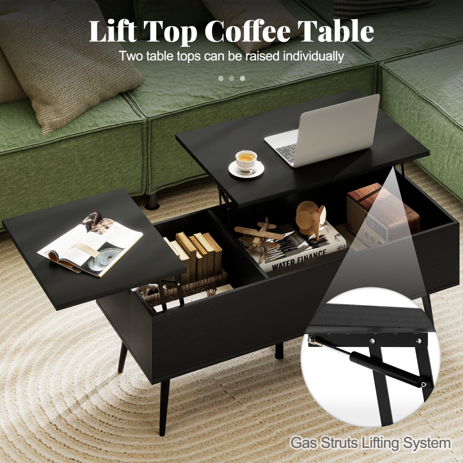 Gymax Lift Top Coffee Table w/ Split Top & 2 Hidden Compartments Tapered Metal Legs