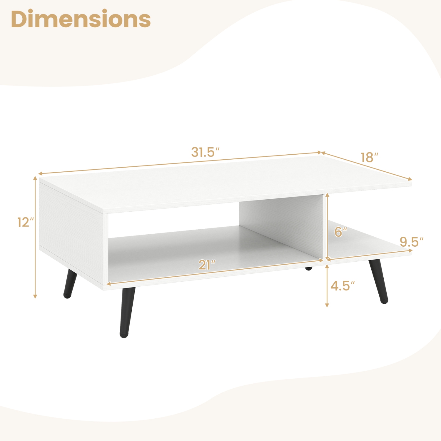 Gymax 2-Tier Coffee Table w/ Compartments & Metal Legs Rectangle Tea Cocktail Table