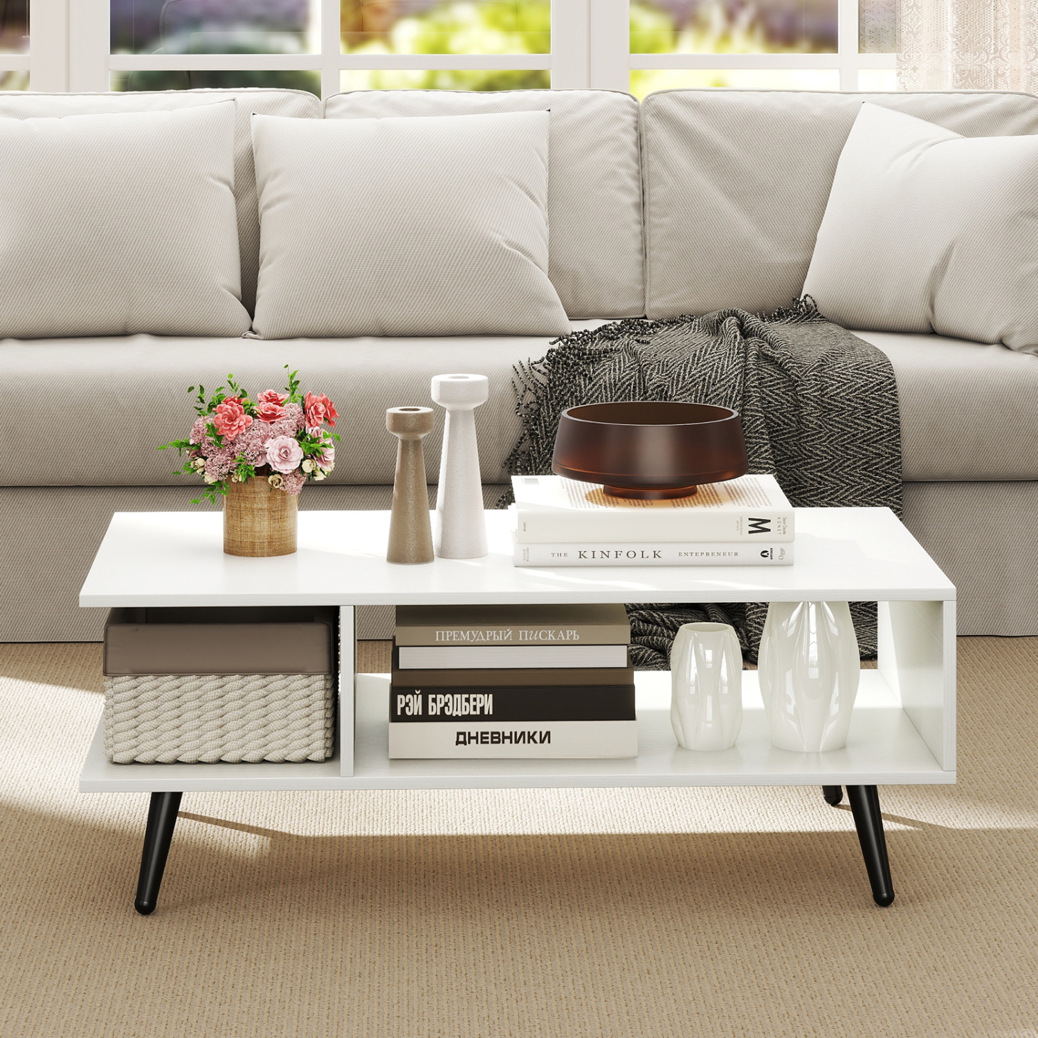Gymax 2-Tier Coffee Table w/ Compartments & Metal Legs Rectangle Tea Cocktail Table