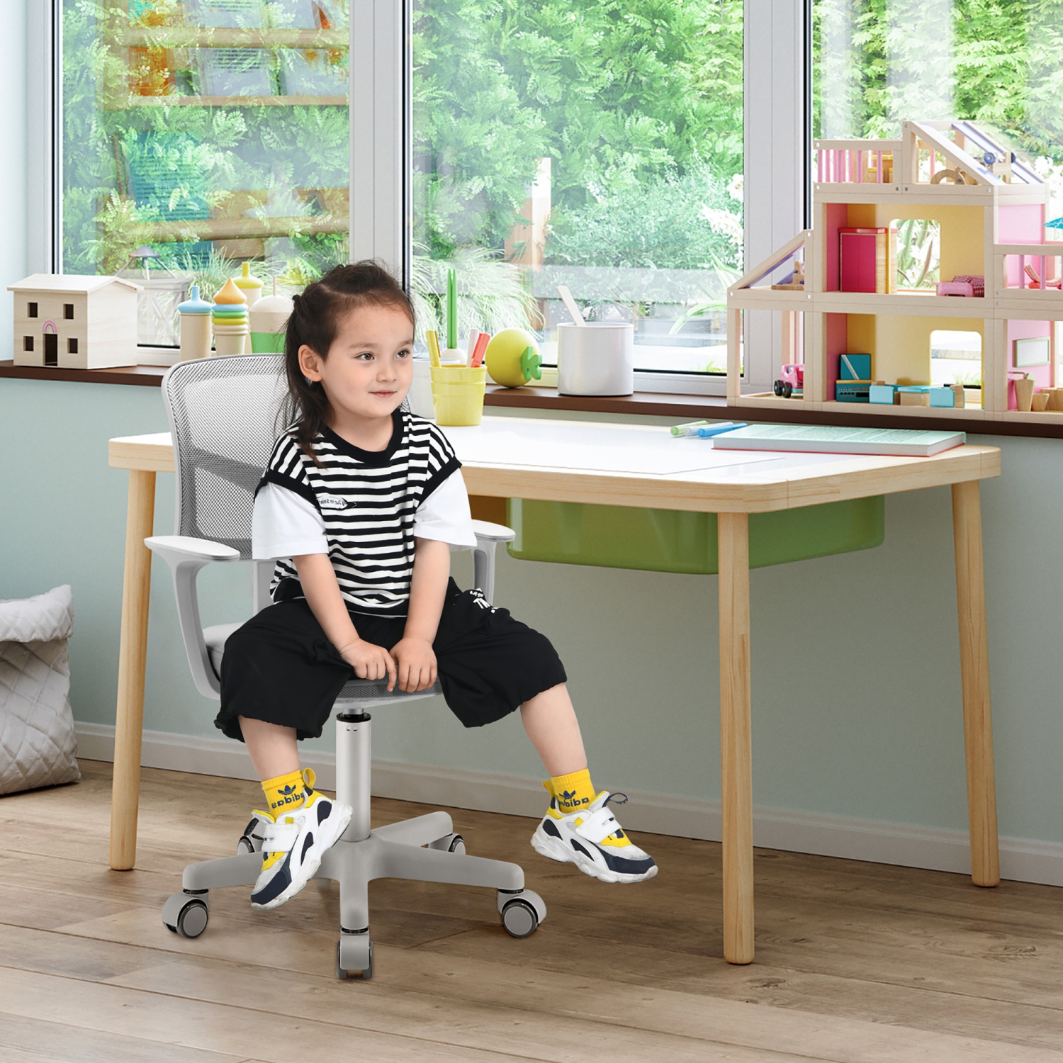 Gymax Kids Desk Chair Adjustable Height Children Study Chair w/ Auto Universal Casters Gray
