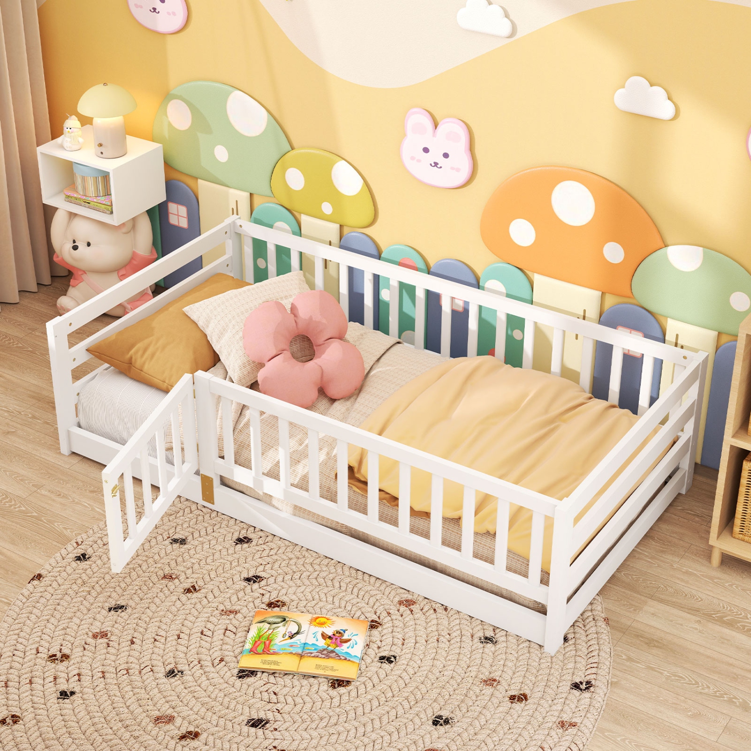 Gymax Twin Size Floor Bed w/High Fence & Door Safety Guardrails Wood Floor Bed Frame