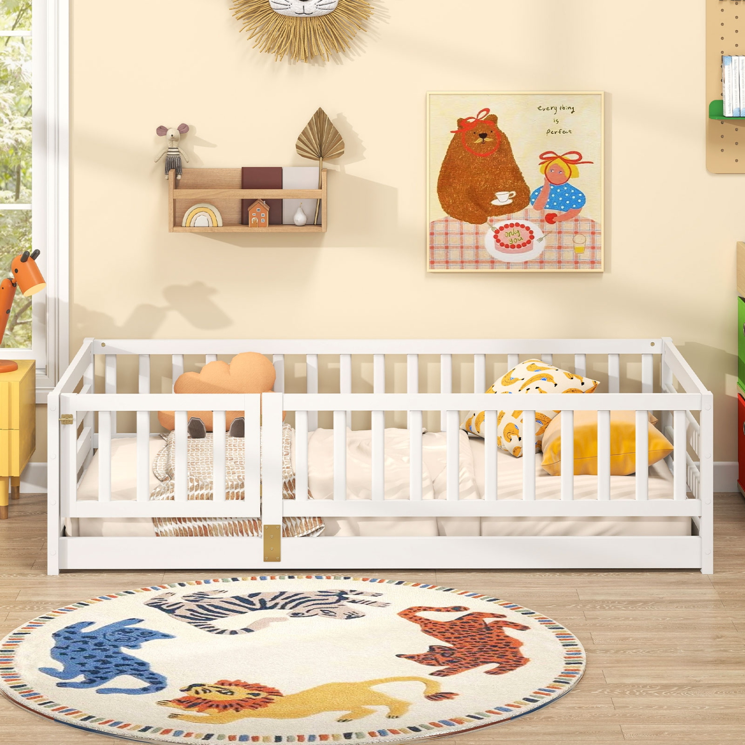 Gymax Twin Size Floor Bed w/High Fence & Door Safety Guardrails Wood Floor Bed Frame