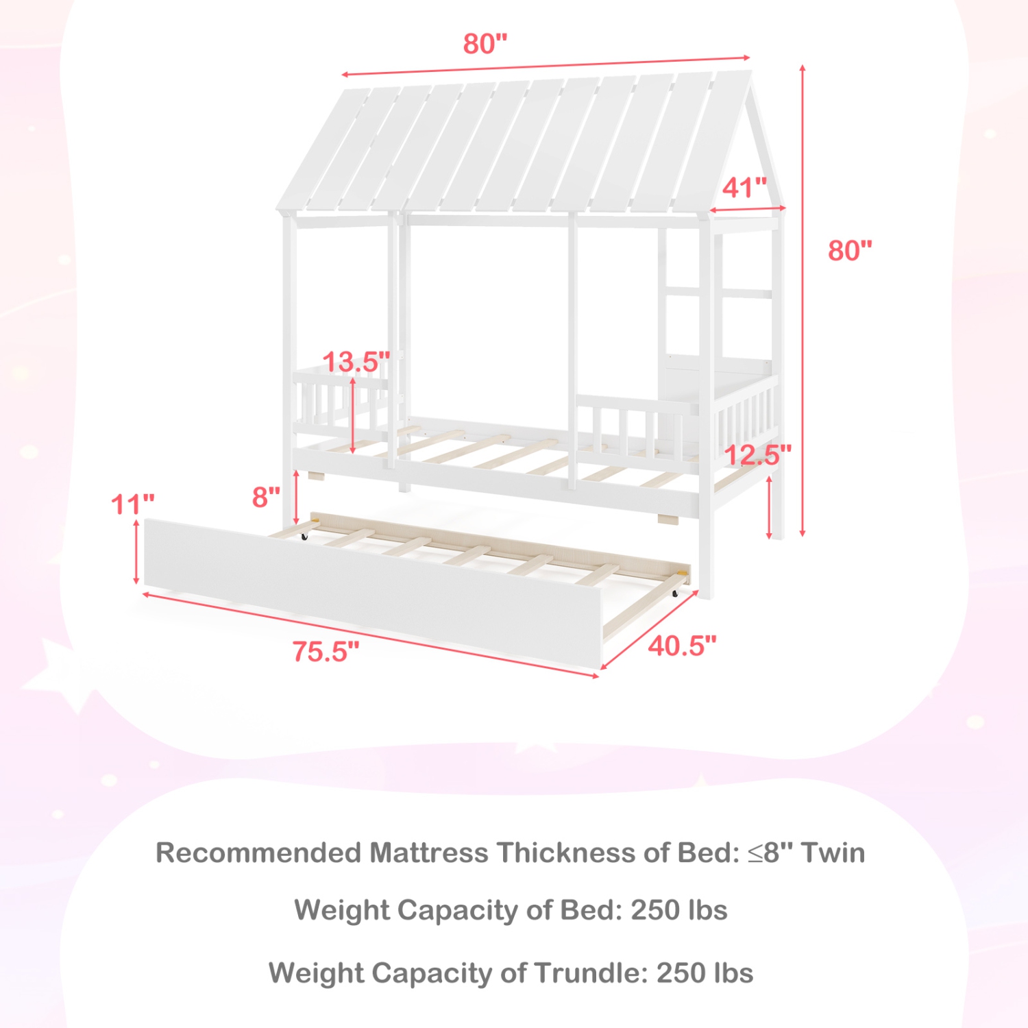 Gymax Twin Size House Bed w/ Trundle Roof Window & Safety Guardrails Slats Support