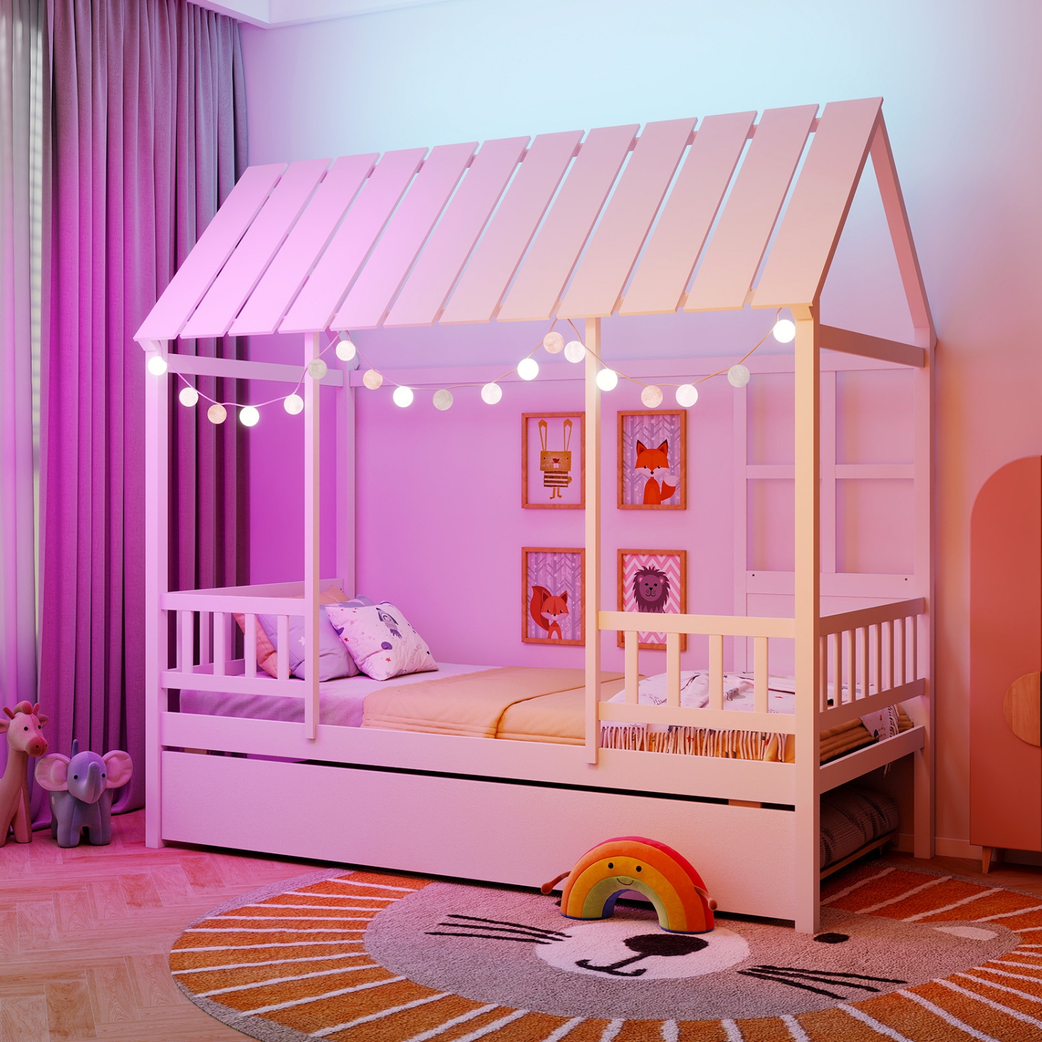 Gymax Twin Size House Bed w/ Trundle Roof Window & Safety Guardrails Slats Support