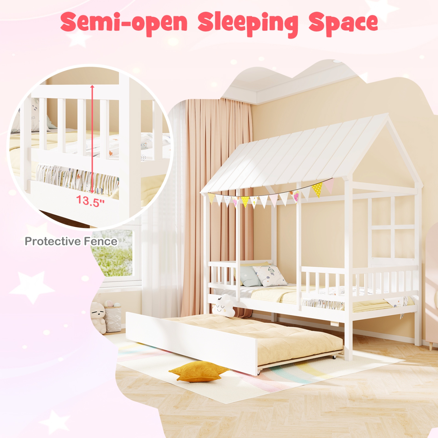Gymax Twin Size House Bed w/ Trundle Roof Window & Safety Guardrails Slats Support
