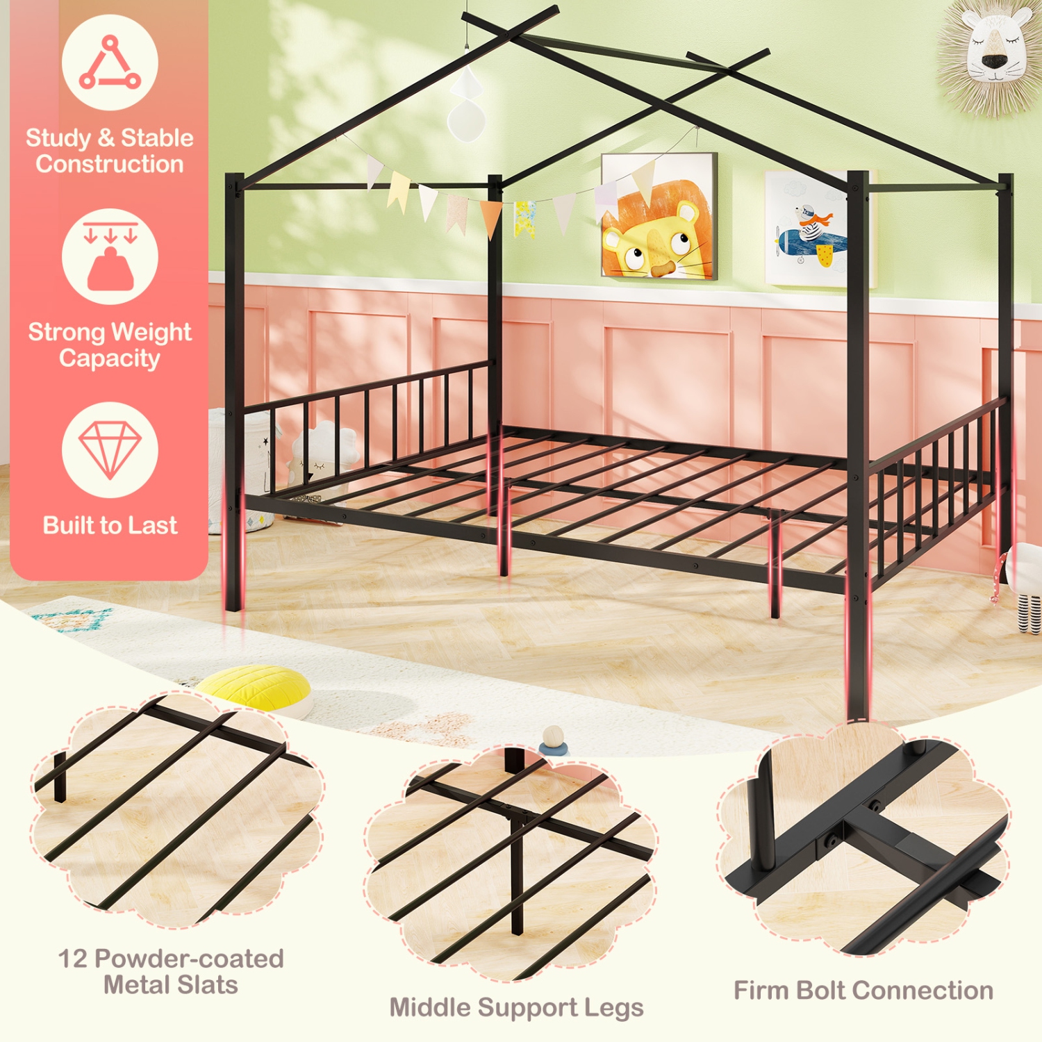 Gymax Full Size Metal House Bed w/ 2 Fabric Drawers Heavy-Duty Platform Bed