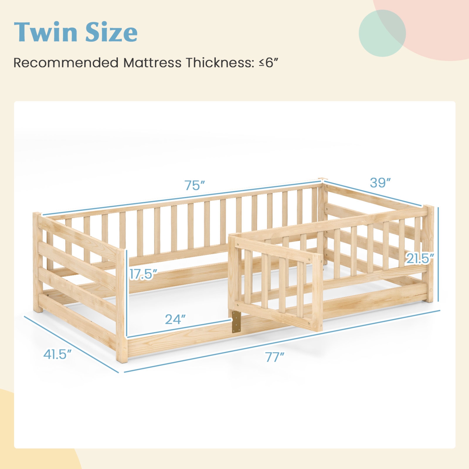Gymax Twin Size Floor Bed w/High Fence & Door Safety Guardrails Wood Floor Bed Frame