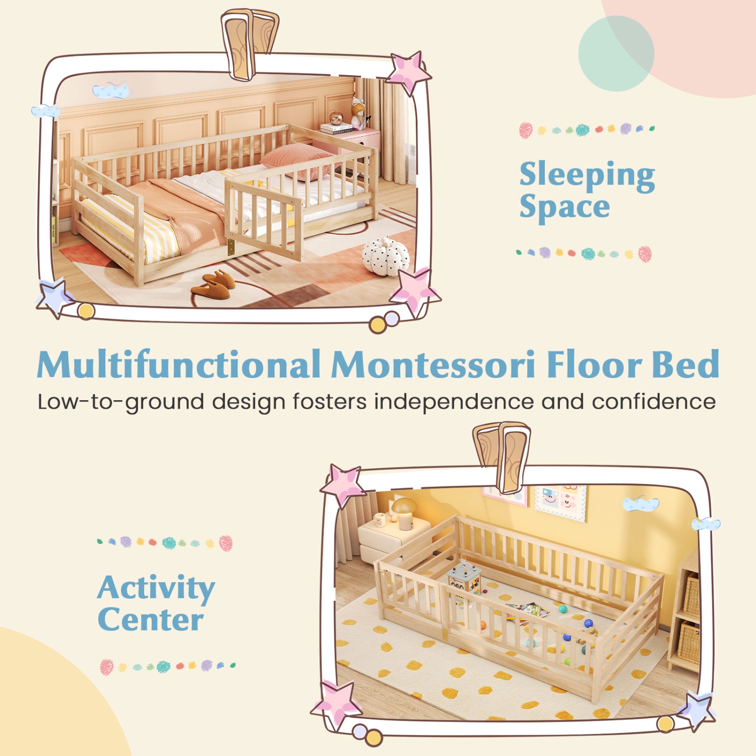 Gymax Twin Size Floor Bed w/High Fence & Door Safety Guardrails Wood Floor Bed Frame