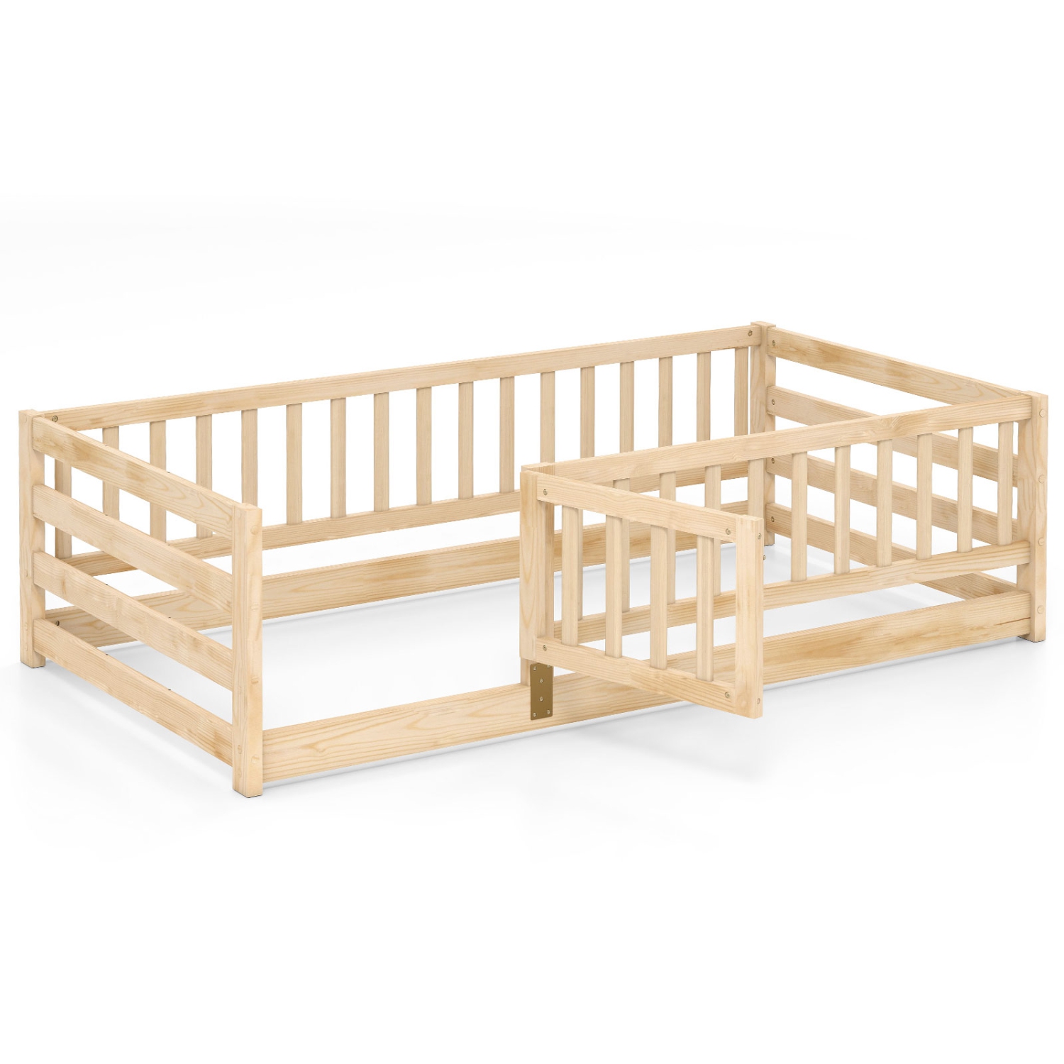 Gymax Twin Size Floor Bed w/High Fence & Door Safety Guardrails Wood Floor Bed Frame