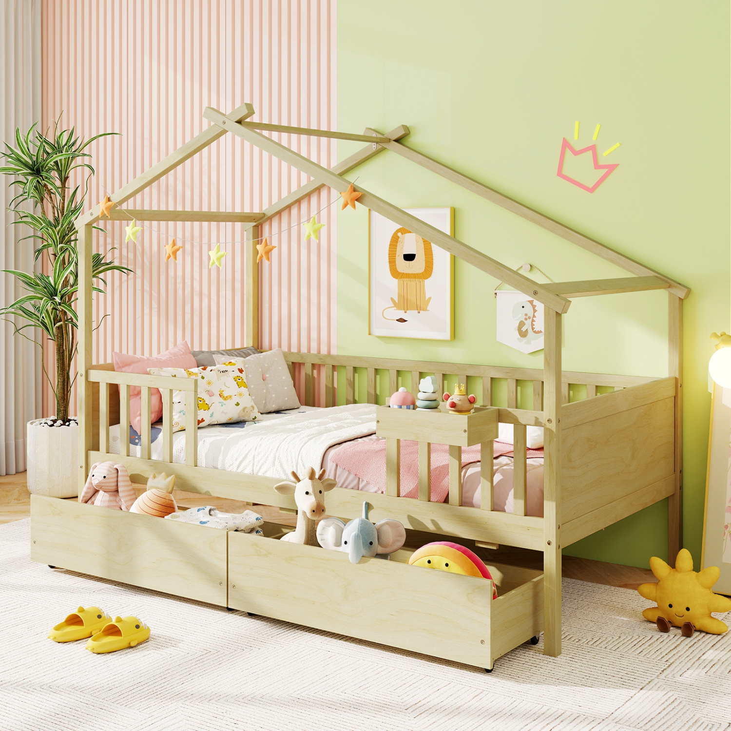 Gymax Twin House Bed w/ 2 Storage Drawers Roof & Fence Rails Headboard & Footboard