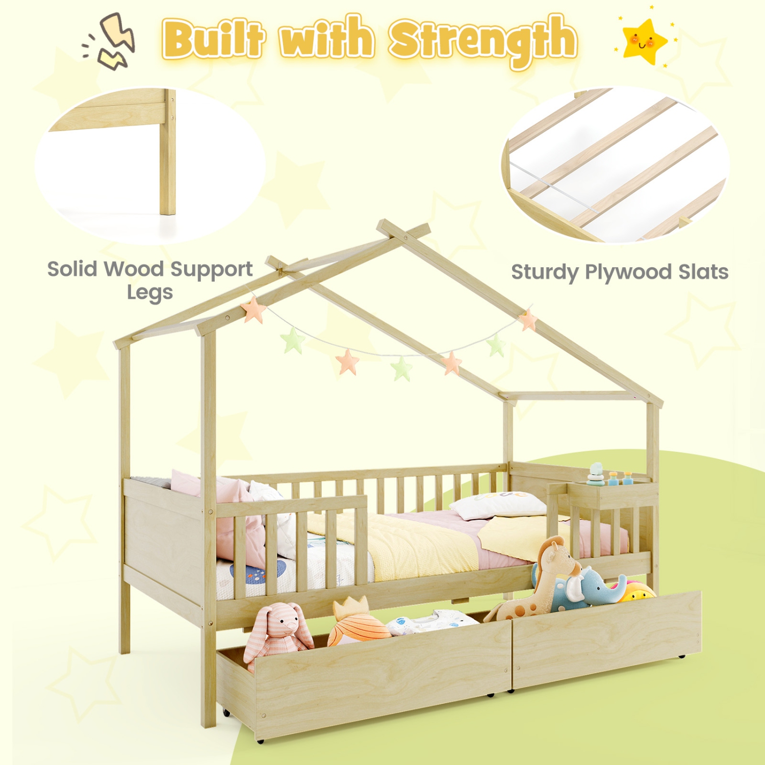 Gymax Twin House Bed w/ 2 Storage Drawers Roof & Fence Rails Headboard & Footboard