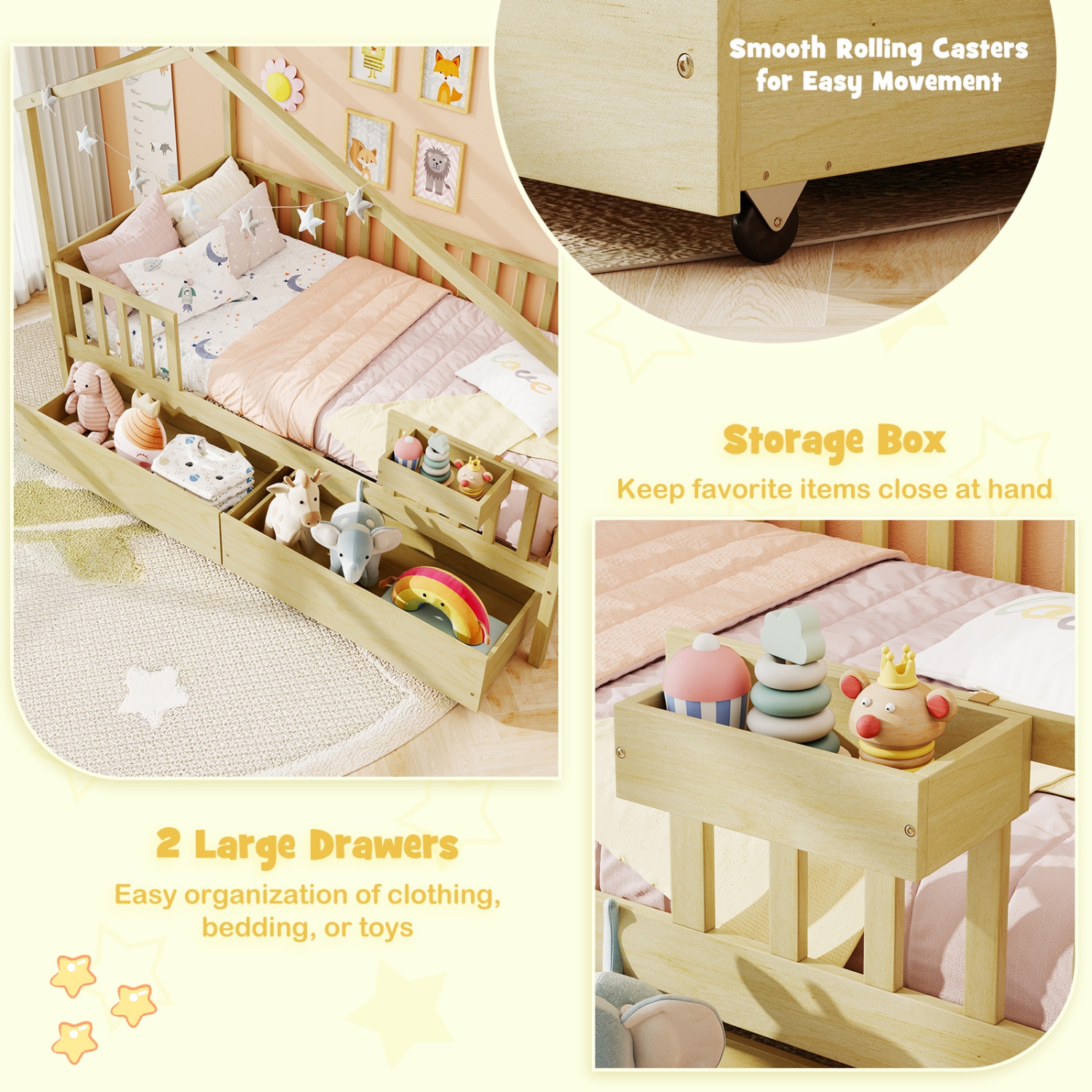 Gymax Twin House Bed w/ 2 Storage Drawers Roof & Fence Rails Headboard & Footboard