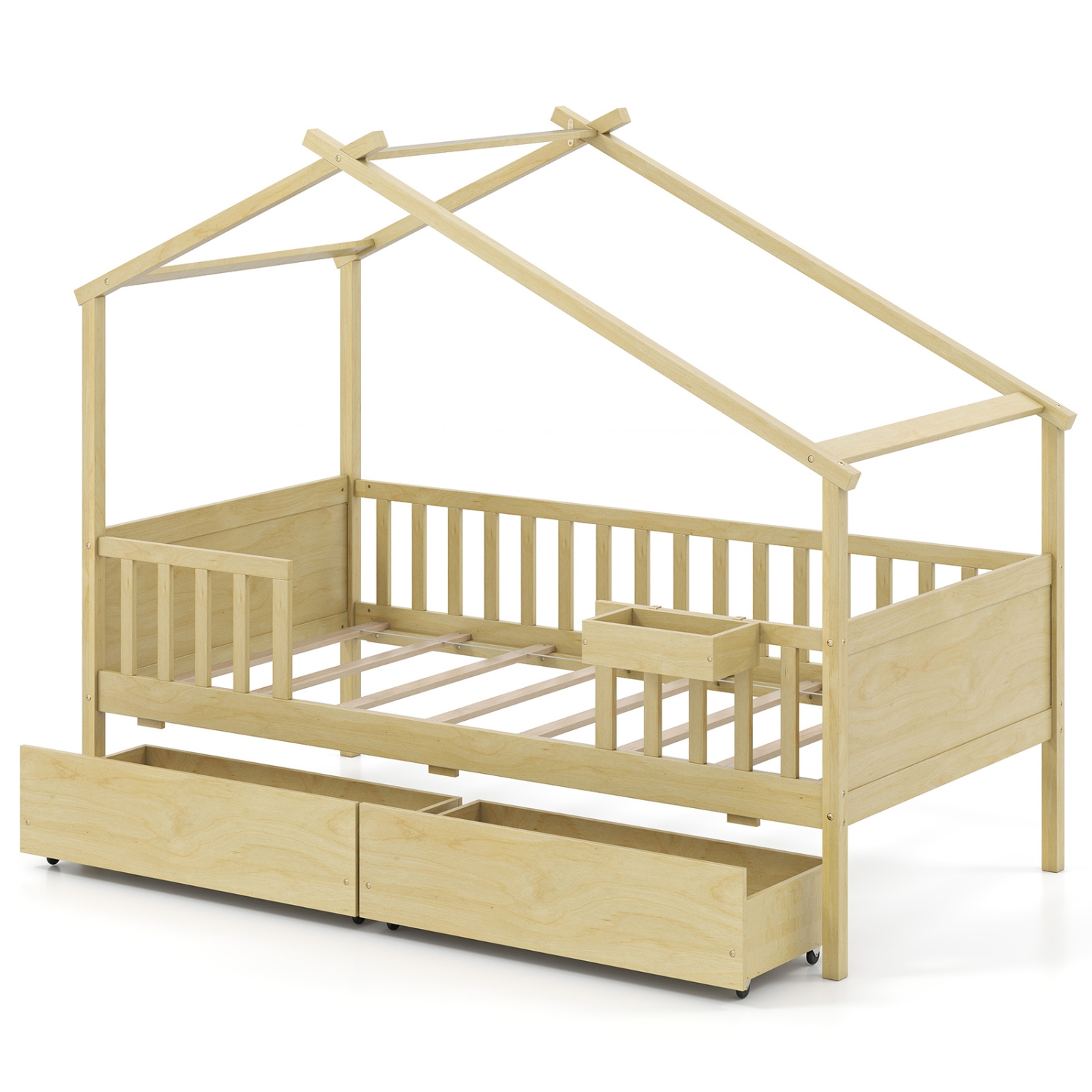 Gymax Twin House Bed w/ 2 Storage Drawers Roof & Fence Rails Headboard & Footboard