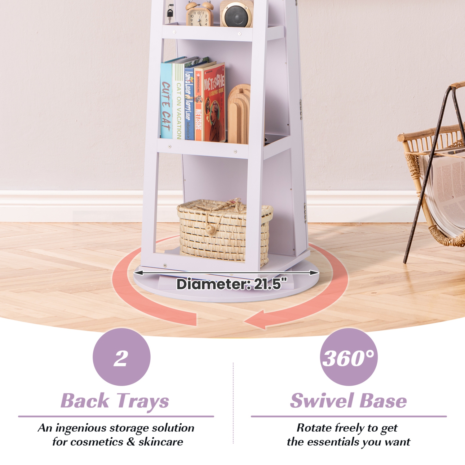 Gymax 360° Rotating Mirrored Jewelry Cabinet Armoire 3 Color LED Modes Lockable