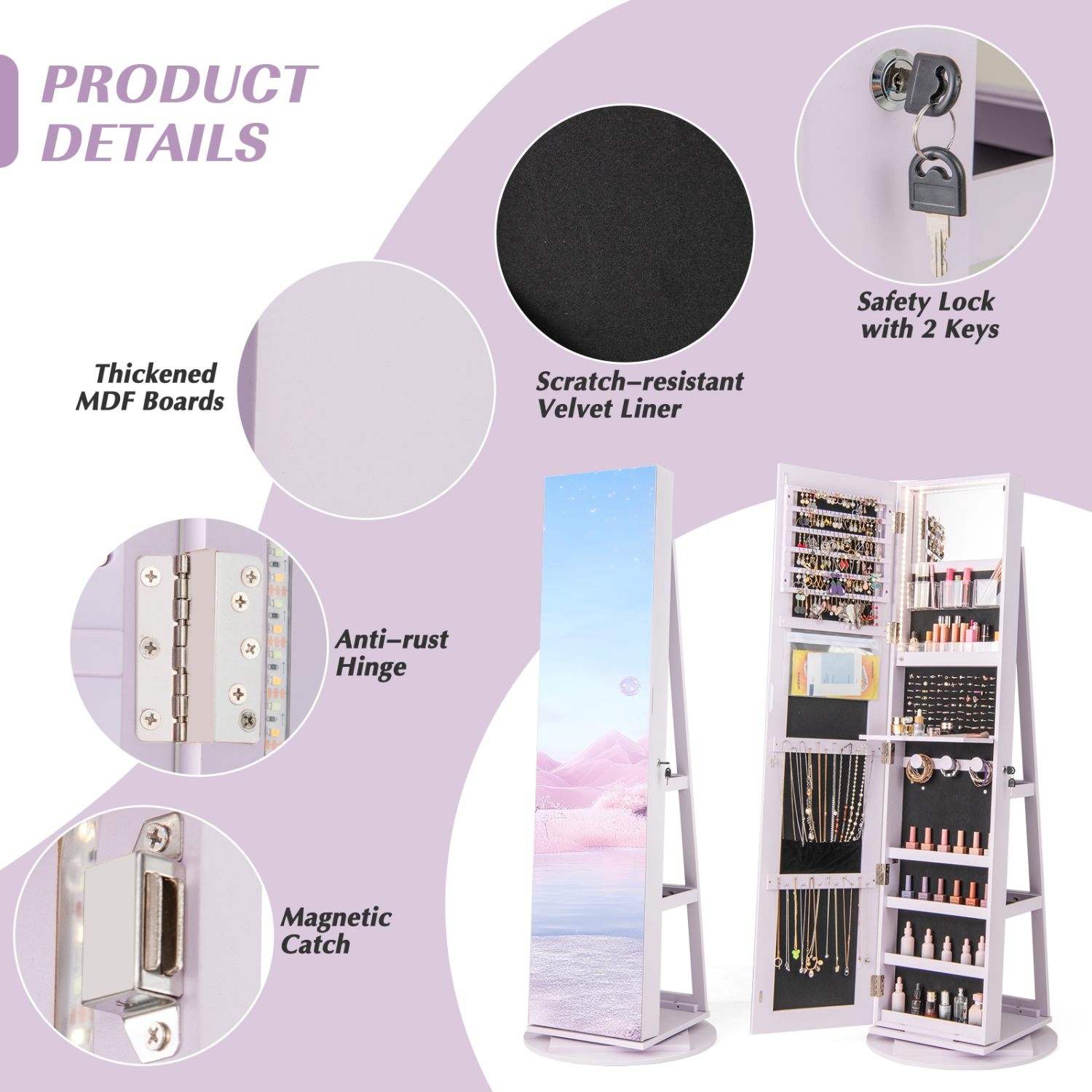 Gymax 360° Rotating Mirrored Jewelry Cabinet Armoire 3 Color LED Modes Lockable