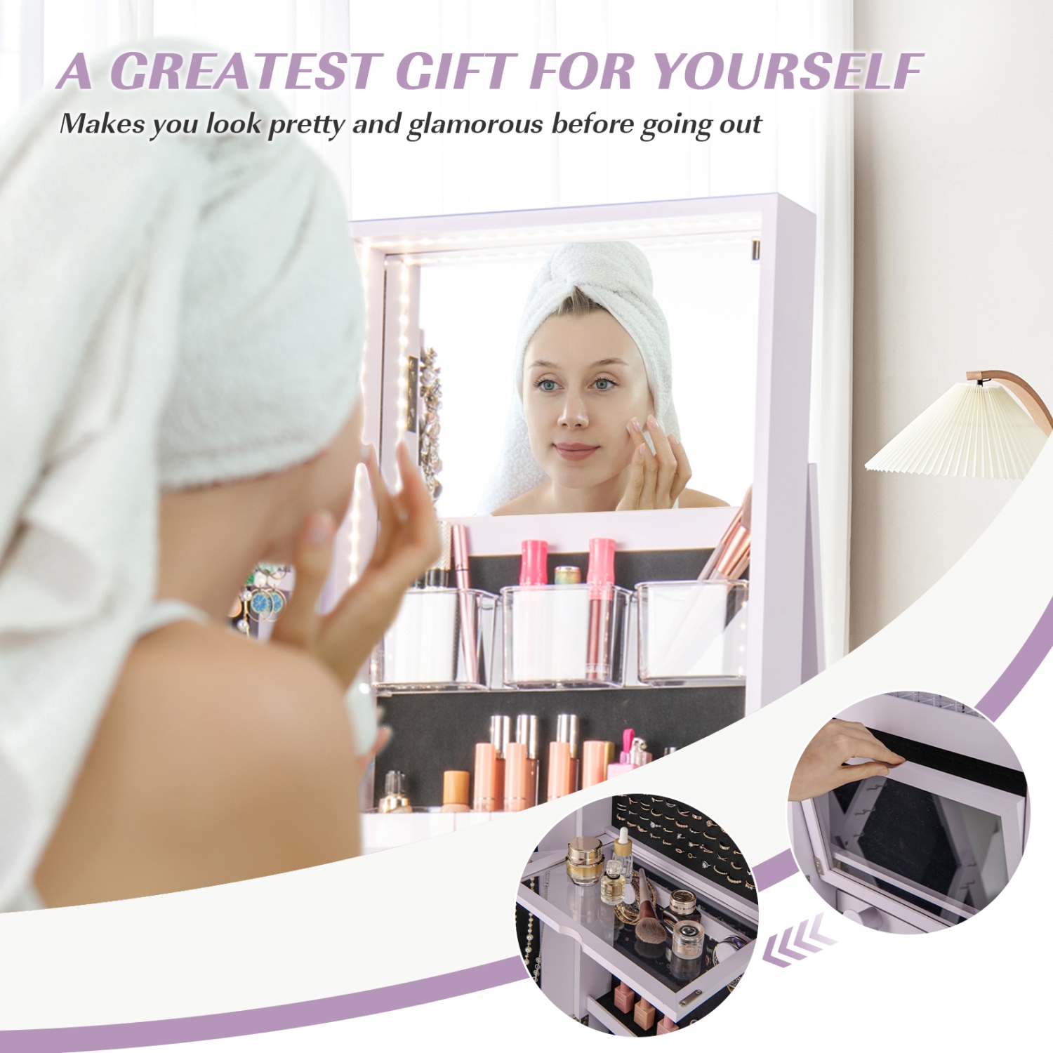 Gymax 360° Rotating Mirrored Jewelry Cabinet Armoire 3 Color LED Modes Lockable