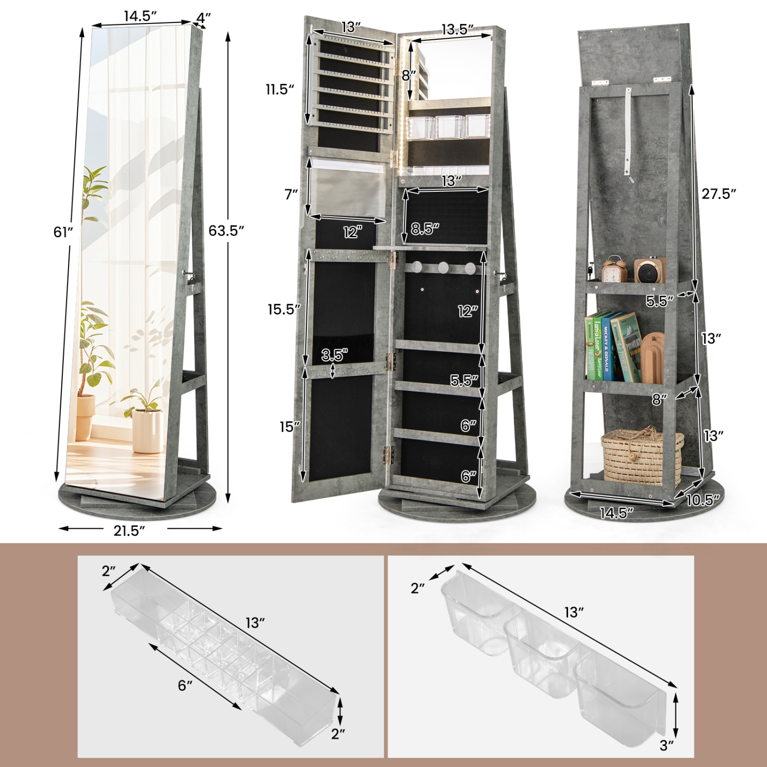Gymax 360° Rotating Mirrored Jewelry Cabinet Armoire 3 Color LED Modes Lockable