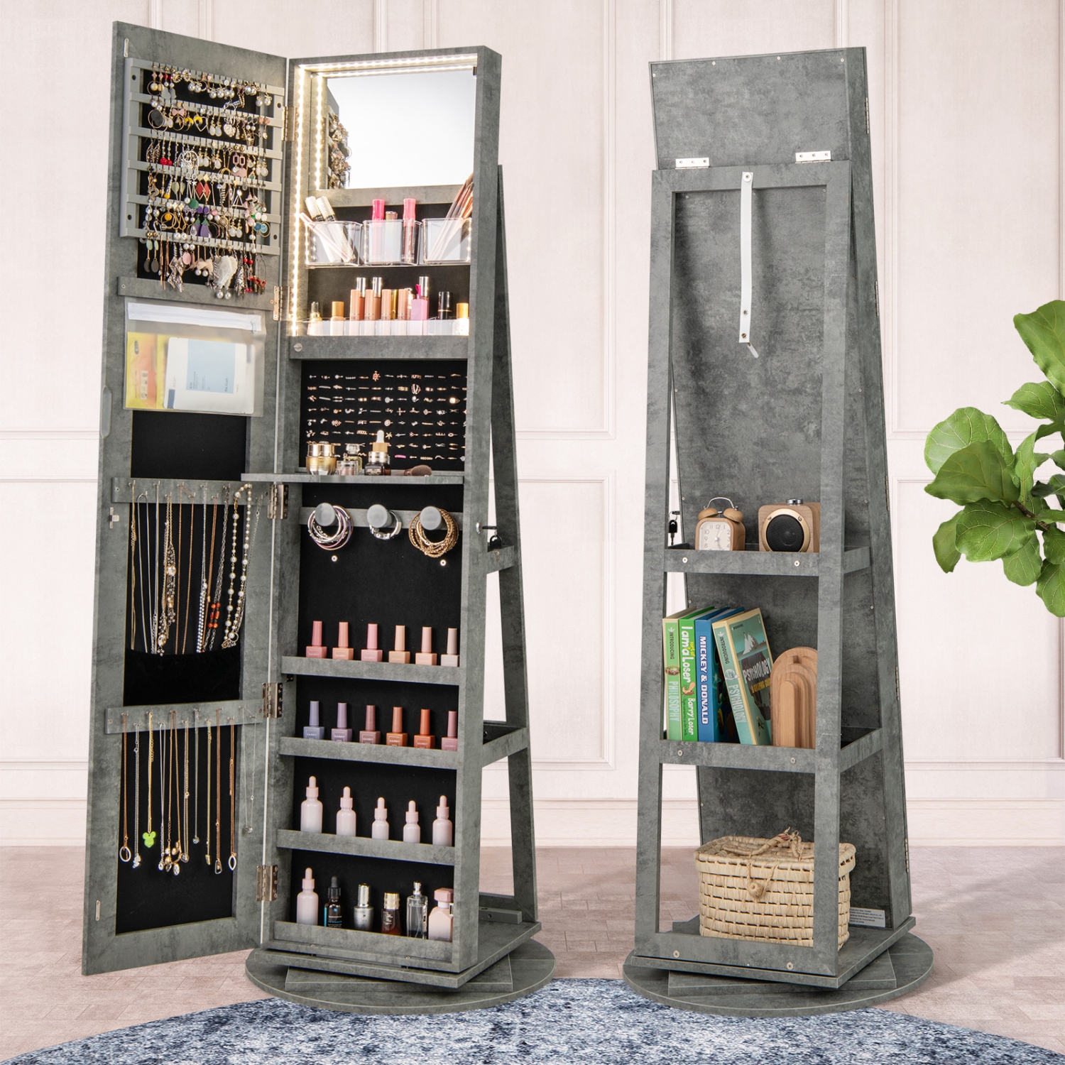 Gymax 360° Rotating Mirrored Jewelry Cabinet Armoire 3 Color LED Modes Lockable