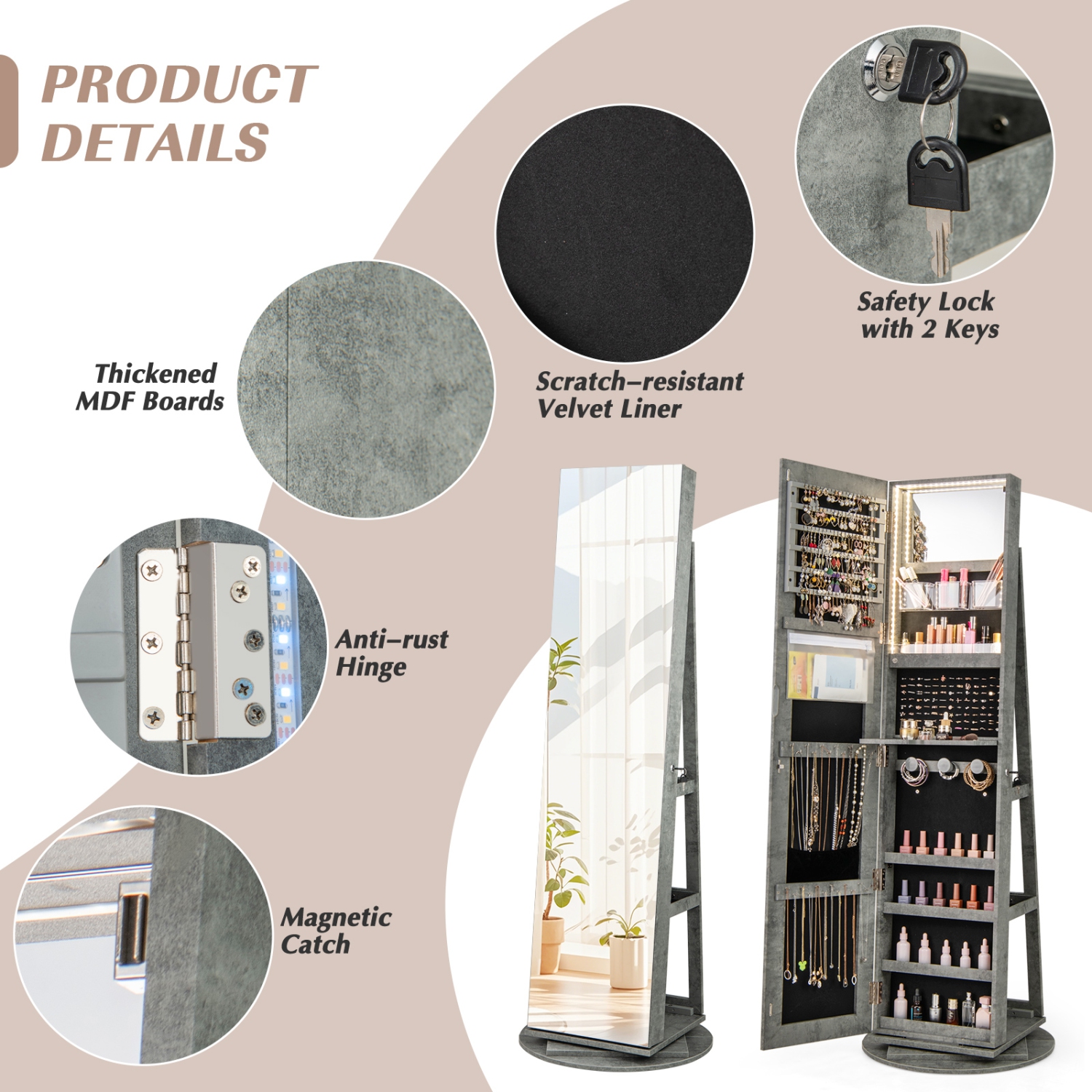 Gymax 360° Rotating Mirrored Jewelry Cabinet Armoire 3 Color LED Modes Lockable